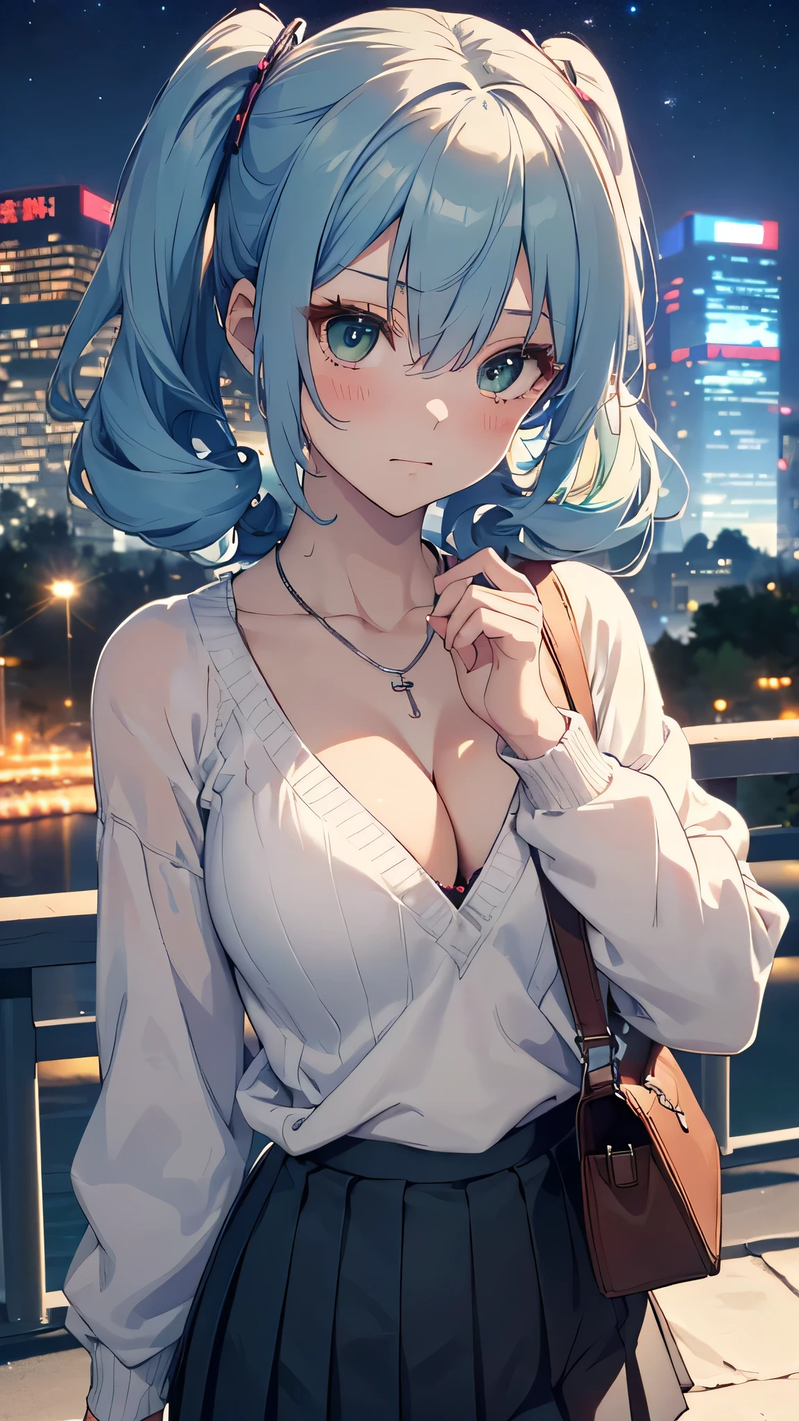 ((masutepiece, Best Quality, hight resolution, nffsw, Perfect Pixel, depth of fields, 4K))), 1girl in, Single, Solo, Beautiful anime girl, Hatsune Miku,Beautiful Art Style, Anime Character, 24 years old, ((twin tail hair, Bangs, light blue hair, Curly hair:1.2, hair pin)), ((Detailed face, Blushing:1.2)), ((Green eyes:1.8, sparkling effect, detailed eyelash)), ((Smooth texture:0.75, Realistic texture:0.5, Anime CG style)), ((medium breasts, cleavage:0.95)), Dynamic Angle, busty, Perfect body, ((close up, POV, Portrait, Hold your face)), ((White sweater, Skirt:1.5, Folds in the skirt, Pleated skirt style, Sliver Necklace)), ((Visible bra strap, bra strap)), Night, night lights, Bokeh:1.4, (plein air, city buildings, Large crowds), (Fashionable, Handbag)