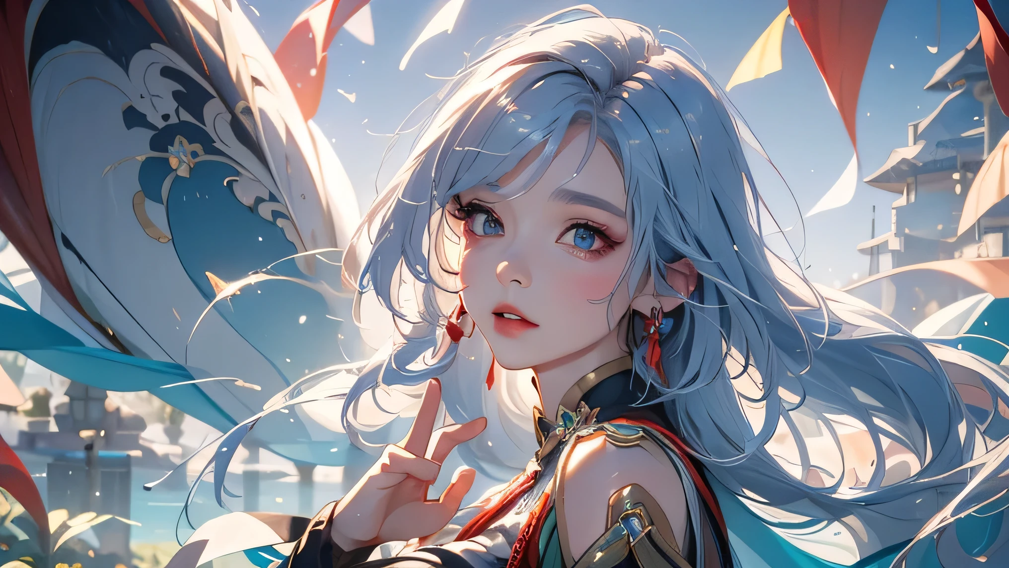 (masterpiece, Highest quality, Highest, Official Art, beautifully、aesthetic, exposed for a long time、Realistic: 1.4), Smooth movement, Captivating patterns, (((shenhe(genshin impact:1.5))))1 girl, Full body painting、No shoulders, chinese girl, (White long hair、Long white hair、Chinese knot), alone, Thin legs、(Chests wrapped in tights、 A white cloth is draped over it.)An ennui look,, Ultra Wide Angle, gaze observer, Detailed Background, Detailed face, (Crystal AI, Crystal theme: 1.1), Wind Spirit, Spinning wind, Controlling the Wind, Black crystal outfit, Dynamic pose, Suspended particles, Spiritual Power, whirlwind, vapor, whirlwind in background, White Tone, whirlwind, Mysterious atmosphere,