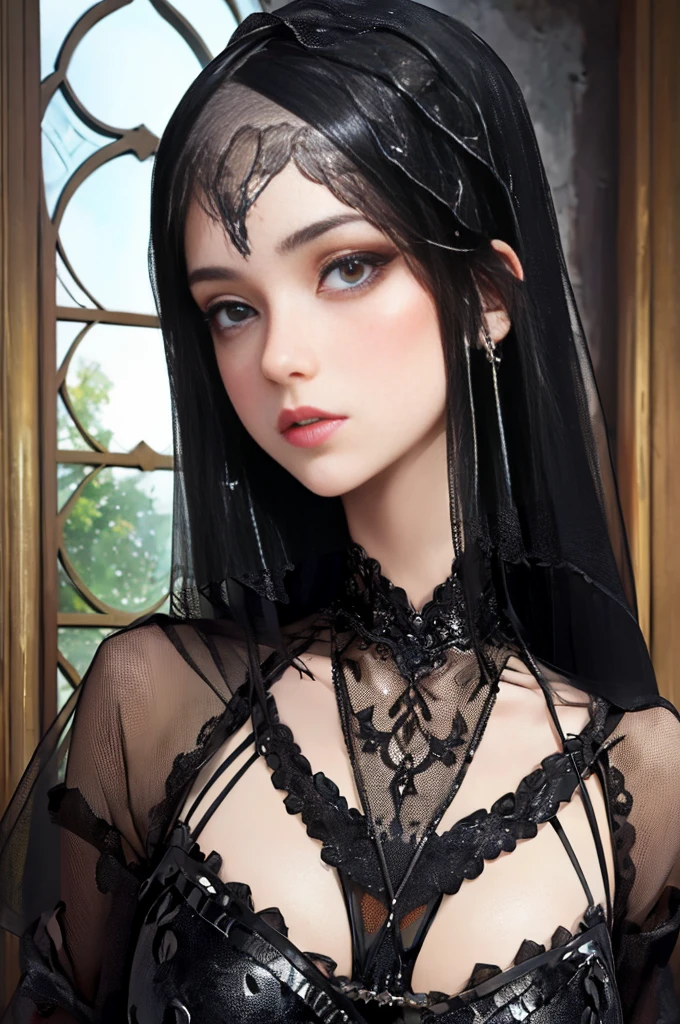 (mejor calidad, high resolution:1.2), ultra detallado, realista:1.37, gothic girl with beautiful eyes and detailed lips, dynamic pose, wearing red and black gothic fashion, in a gothic setting, con colores vivos, dramatic lighting, hdr, studio lighting, bokeh, capturing the essence of gothic fashion, detalles exquisitos en la tela, Sharp focus on intricate patterns, evoking a sense of dark romanticism, High definition resolution. ojos altamente detallados y hermosos.