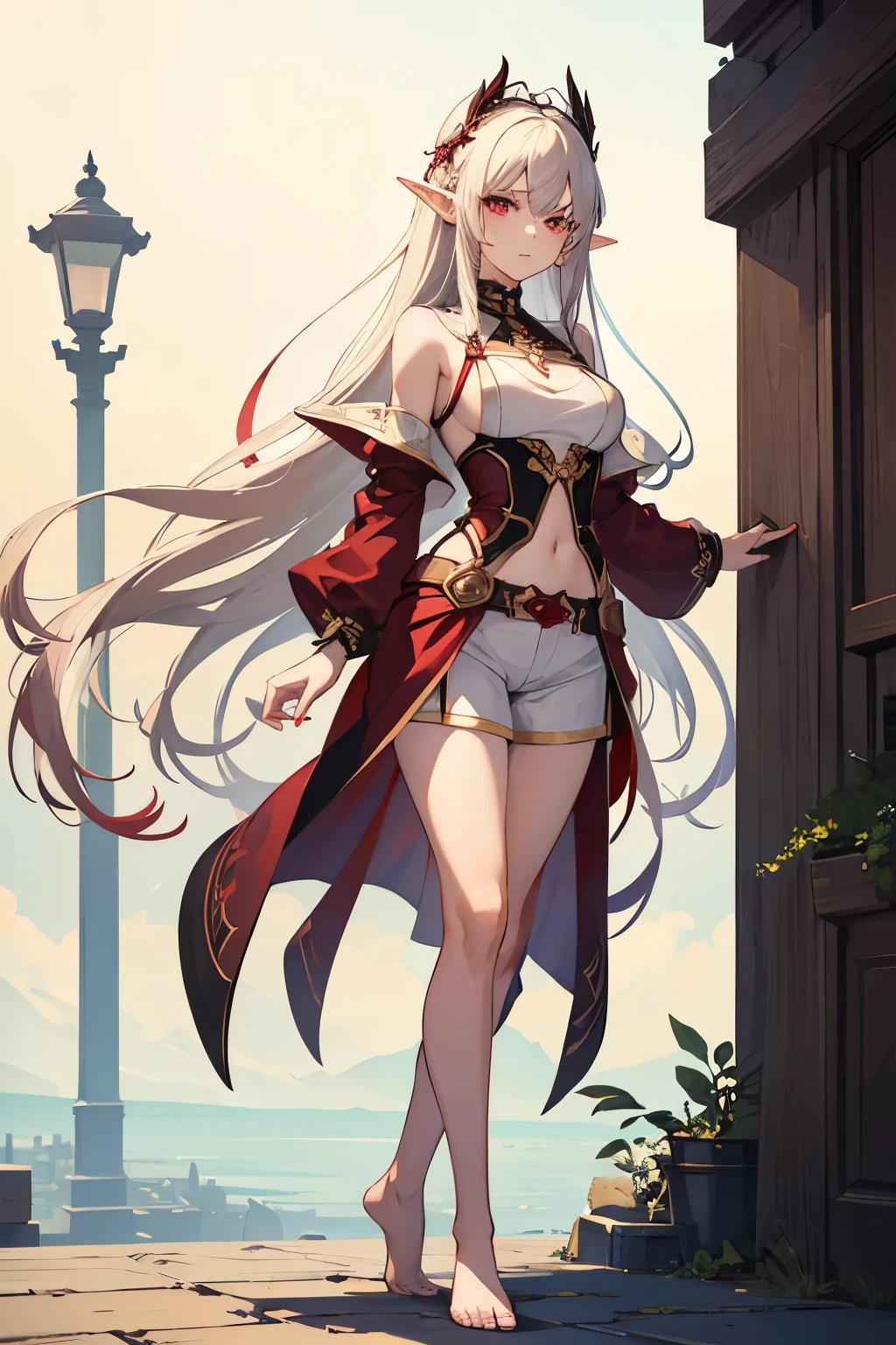 view straight standing in full height beautiful drawn face young beautiful elf ash hair red eyes serious expression dark open top on the chest shorts without shoes cutout on the chest size 2 breasts