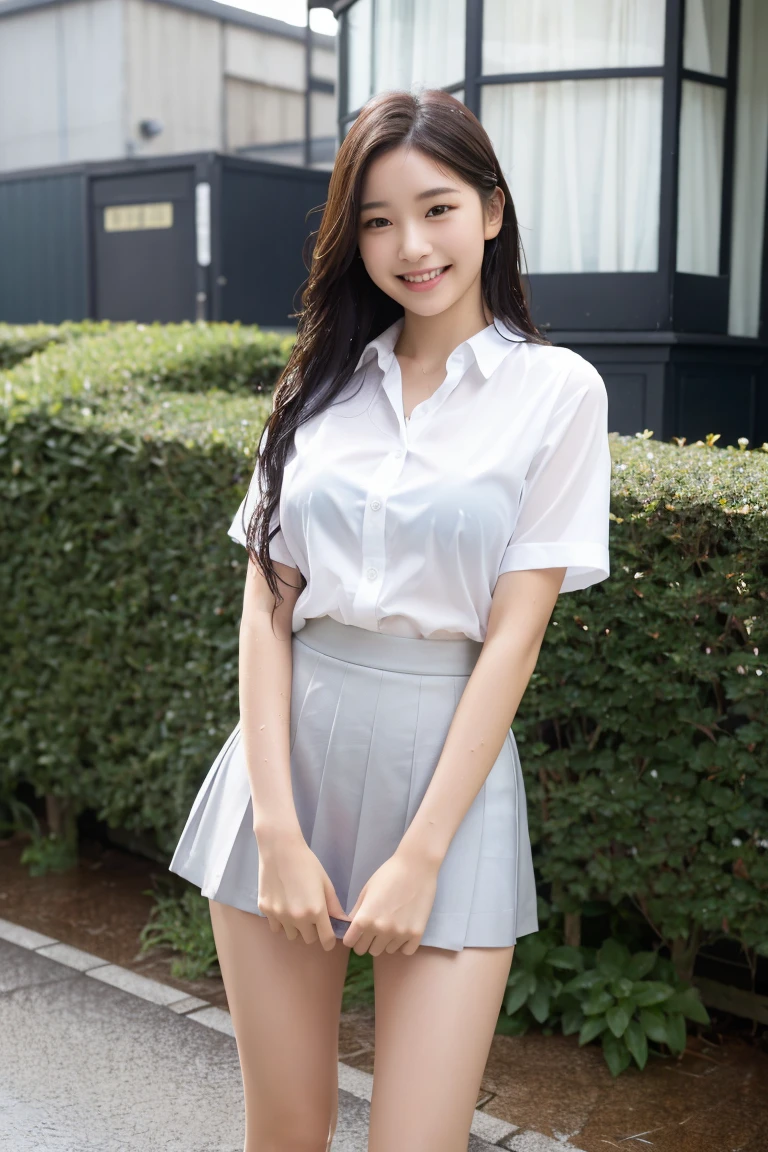 (8k、highest quality、masterpiece:1.2)、(Realistic、Realistic:1.37)、No sleeve、Black Ribbon、mini skirt、Braided Hair、Very detailed、超A high resolution、1 girl、Cheerleader、Beautifully detailed face、Laughter、narrow、(Slim waist) :1.3)、beautifully detailed skin、Skin Texture、Floating Hair、Professional Lighting、Human whole body、ponytail、smile、27 years old、Baby Face、子供っぽいsmile、Sappin'''''''、Moisturizing lips、Pale pink lips、Upper body naked、Lace green underwear、Micro size underwear、Umbilical cord prolapse、D cup breasts、Cleavage、Panty shot