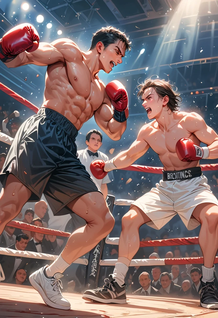 A boxing match, professional fighters, intense action, powerful punches, adrenaline-filled atmosphere, sweat and blood, intense focus, dramatic poses, dynamic movements, boxing ring, crowd cheering, boxing gloves, knockout punches, determination and resilience, boxing championship, championship belt, corner man giving instructions, referee maintaining order, fast-paced rounds, victory celebration, high-energy sport, competitive spirit, boxing techniques, precision footwork, defensive maneuvers, knockout blow, explosive power, boxing legends, boxing history, classic boxing match, iconic moments, black-and-white photography, dramatic lighting, gritty atmosphere, intense emotions, roaring crowd, glory and defeat, physical strength, mental toughness, sportsmanship, sportsmanship, strategy and tactics, professional athletes, peak physical condition, sports rivalry, dedication and discipline, explosive energy, flurry of punches. (best quality, highres, ultra-detailed), (realistic,photorealistic), vibrant colors, dynamic composition, dramatic shadows and highlights, energetic brushstrokes, captivating artwork.