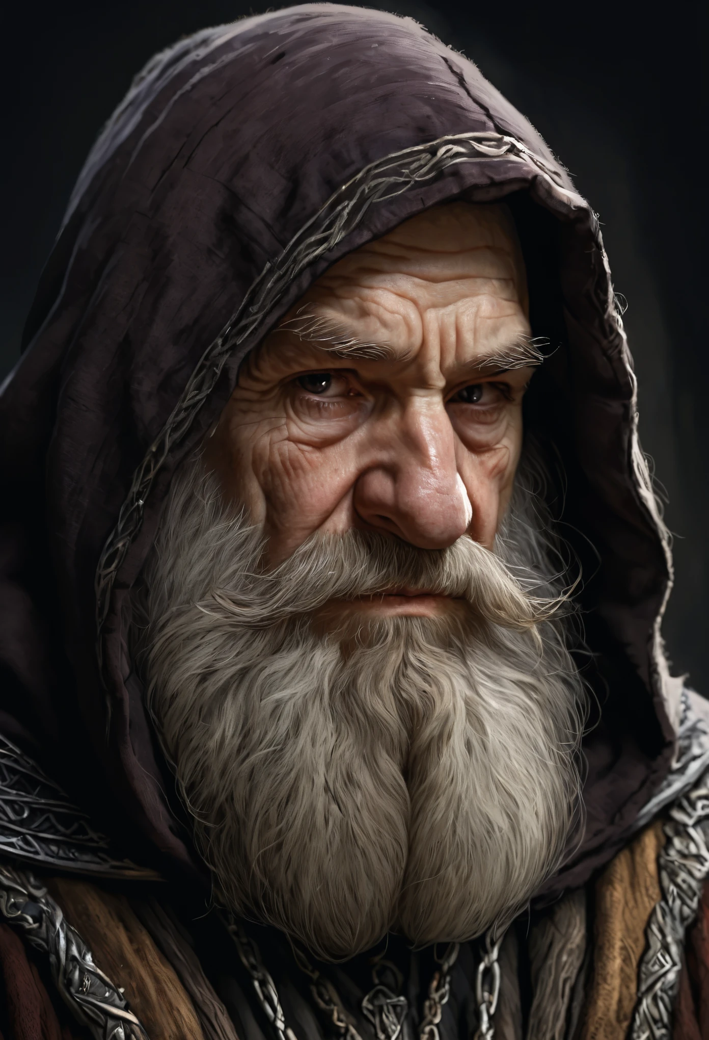 (best quality,highres,masterpiece:1.2),ultra-detailed,portraits,hyperealistic,dwarf old somber expression,3 quarters view,digital art,hyperanime:relative size,height contrasting,wrinkles,weathered skin,white beard,narrow eyes,detailed eyelashes,hooded eyebrows,serious look,traditional clothing,dark colors,soft lighting