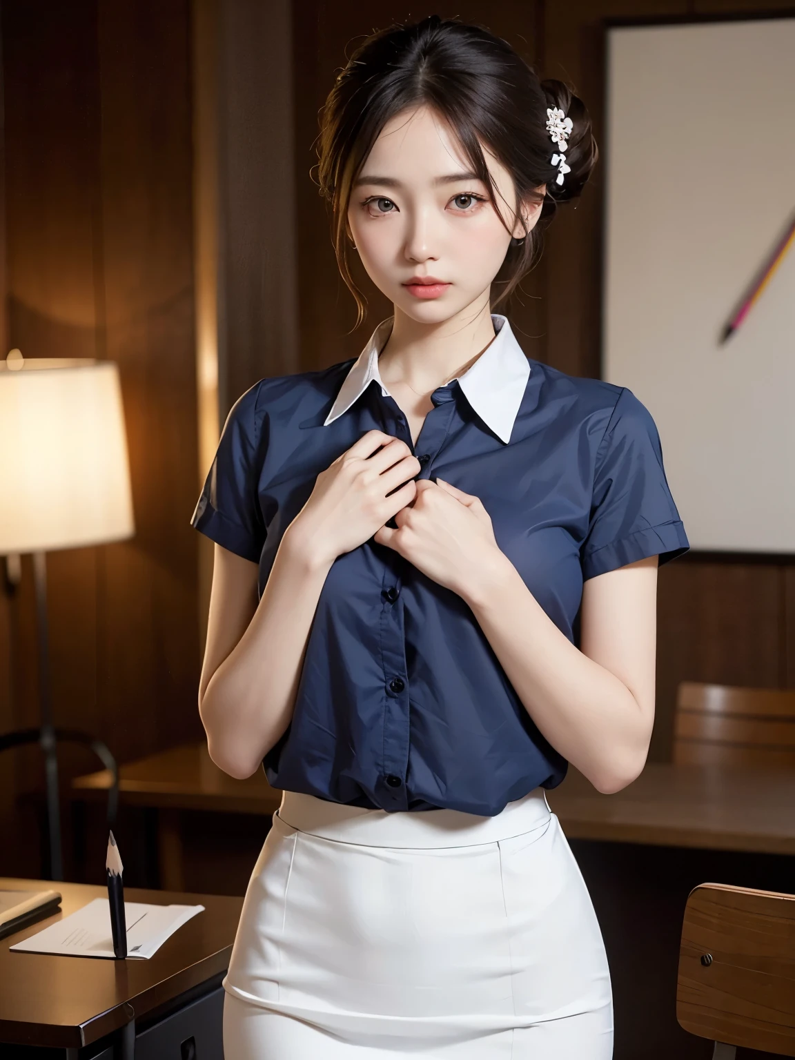 Japanese women、office lady、19 years old, Anatomically correct, Perfect Anatomy, very cute, beautiful, (White shirt, Pencil Skirt:1.2), ((Embarrassing:1.3)), blush、(office:1.1), (highest quality:1.3)、Best lighting、High resolution、(8k, High resolution:1.2), (photograph, Realistic:1.2)、the face is in focus、(Symmetrical eyes:1.2)、beautiful肌、Natural Makeup、Gloss lips, High-definition hair texture, (View your viewers:1.2), (half updo:1.3), (Multiple Angles:1.2), (medium breast, shirt open:1.1), (Place your hand on your chest:1.1)