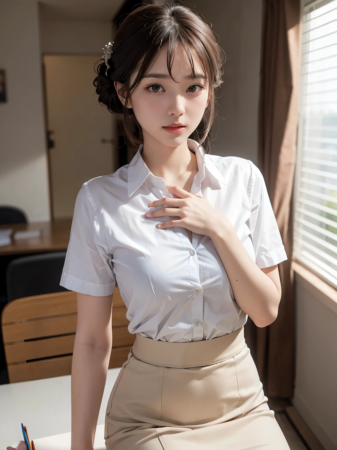 Japanese women、office lady、19 years old, Anatomically correct, Perfect Anatomy, very cute, beautiful, (White shirt, Pencil Skirt:1.2), ((Embarrassing:1.3)), blush、(office:1.1), (highest quality:1.3)、Best lighting、High resolution、(8k, High resolution:1.2), (photograph, Realistic:1.2)、the face is in focus、(Symmetrical eyes:1.2)、beautiful肌、Natural Makeup、Gloss lips, High-definition hair texture, (View your viewers:1.2), (half updo:1.3), (Multiple Angles:1.2), (medium breast, shirt open:1.1), (Place your hand on your chest:1.1)