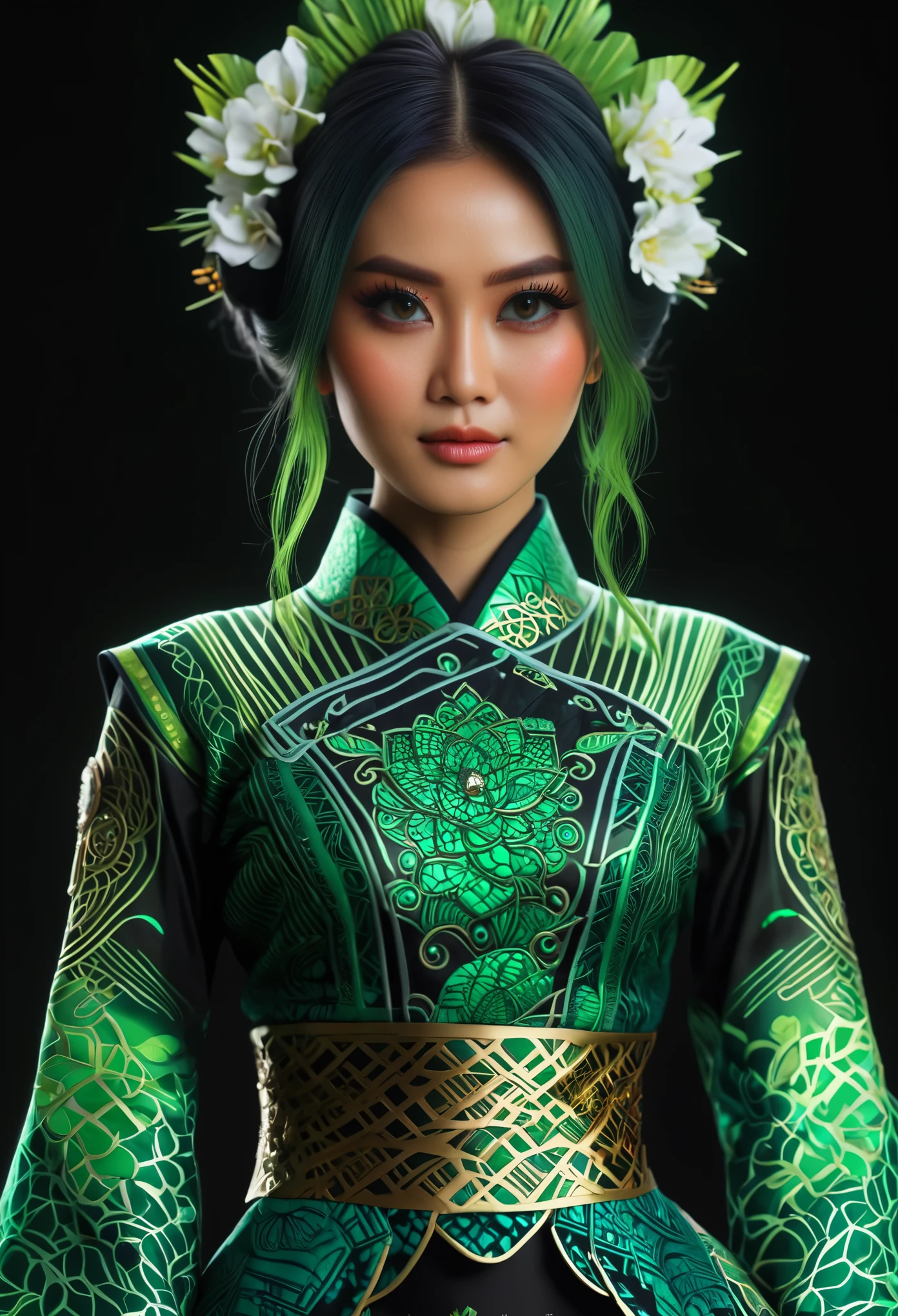 (high quality), (masterpiece), (detailed), 8K, Hyper-realistic digital illustration depicts the (upper body1.3) of a (Japanese woman1.3) with (vibrant green hair1.5) and (intense green eyes1.5) wearing a (futuristic kebaya1.2) with (intricate batik patterns1.2) inspired by Indonesian culture. Her (fantasy outfit1.2) is adorned with (glowing accents1.2) and (neon lights1.2), reflecting the modern and futuristic atmosphere. In style of Ash Thorp, trending on DeviantArt.