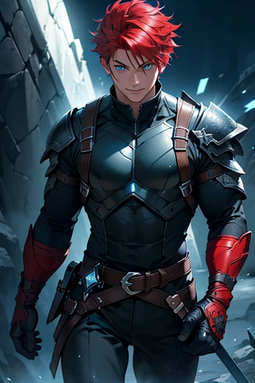 tough man (masterpiece),(ultra detailed:1.1),(solo:1.2),(blue eyes:1.3),(short and vibrant red hair),(round face), smile,(black swordsman costume), (black gloves:1.1),(red nose:0.5),(beautiful ultra-detailed eyes, highly detailed skin, bright and glowing skin:1,1), (fitness body),(night landscape fantasy:1.1),(Physical Rendering, Professional Lighting, Photon Mapping, Radiosity, Soft Light, Lens Reflection: 1.3), Tint Color