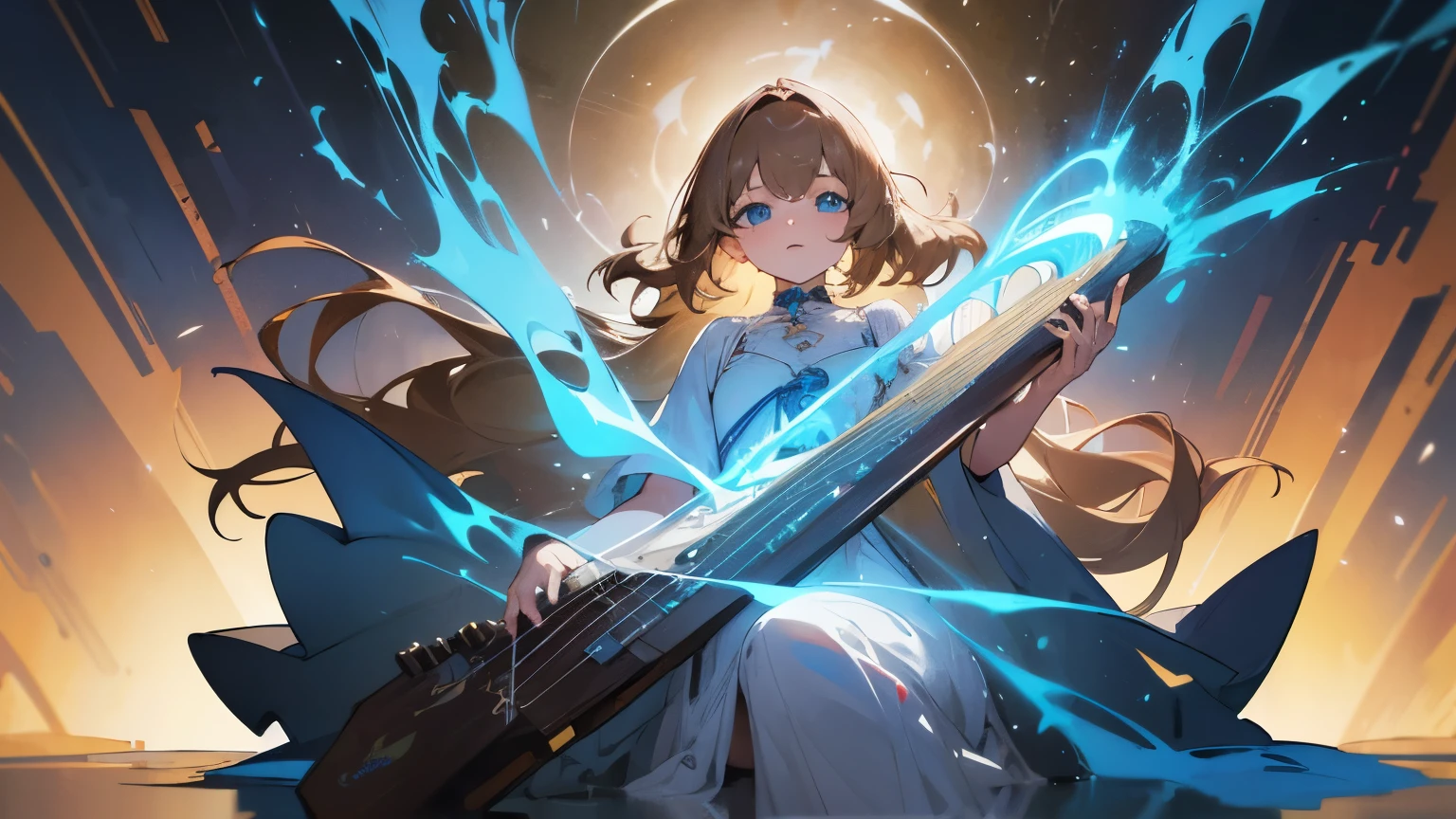 high quality、8k Ultra HD、whole body、A 16-year-old female harpist is playing the harp、White Dress、Light brown hair、blue eyes、(In the background is a healing forest.)、cute、Beautiful poop、Portrait、a kitten、art:Alberto Seveso、Symmetric、abstract art style、Intricate and detailed watercolor paintings 、Digital Painting、An explosion of colors、コンセプトart、Volumetric lighting、tanvirtamim、Metal Reflection、2D Rendering、8k。 by artジャーム、Trending on Artstation