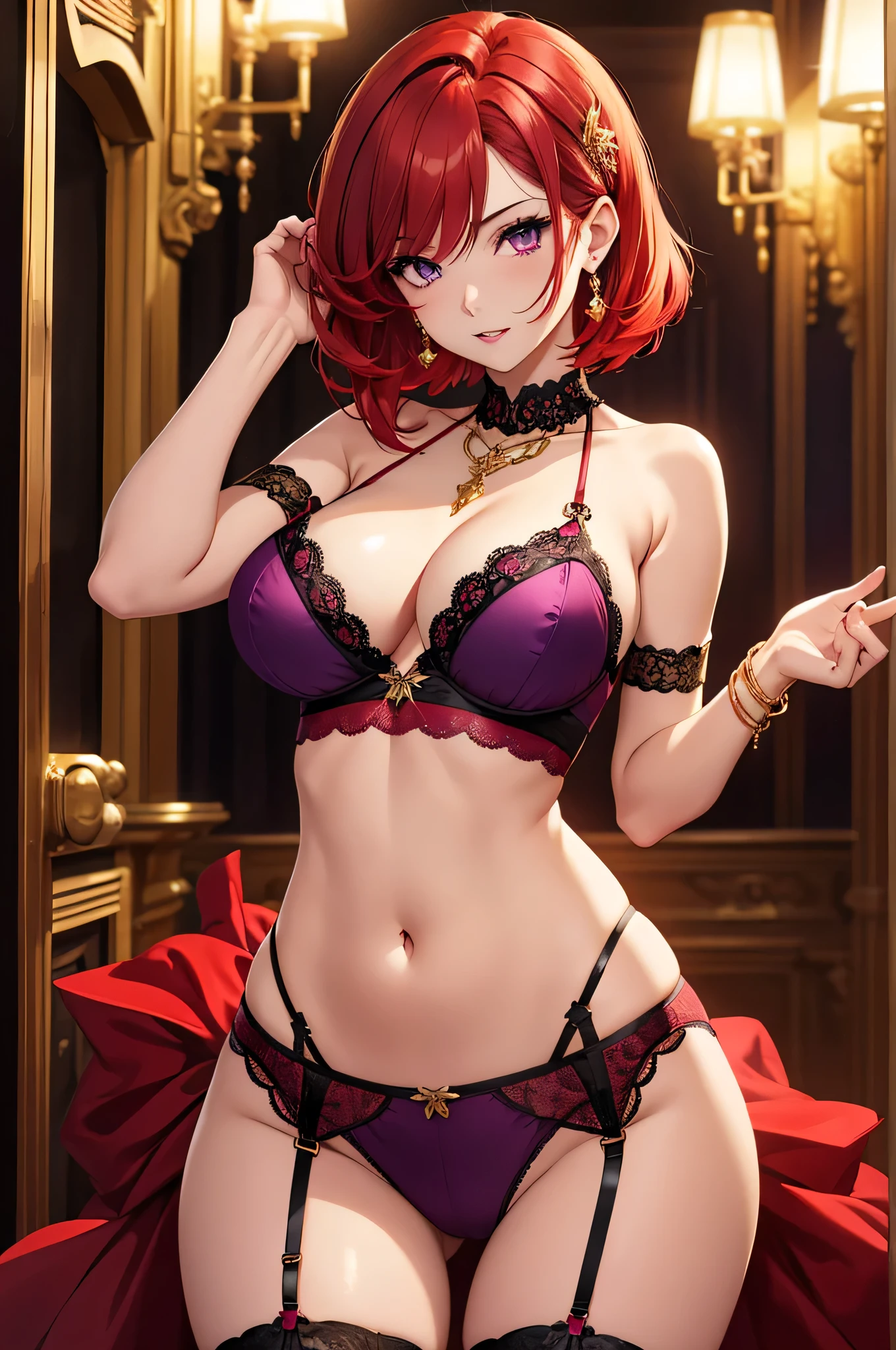 Highest quality、highest quality、Highest Resolution、beautiful girl, Bright red hair,Short Hair、Big Tits、Hair clip, Detailed purple eyes, Red garter belt,Black lace、Firm breasts,Gold Necklace、Golden earrings、In close range、Sexy look、Poses that accentuate the chest、