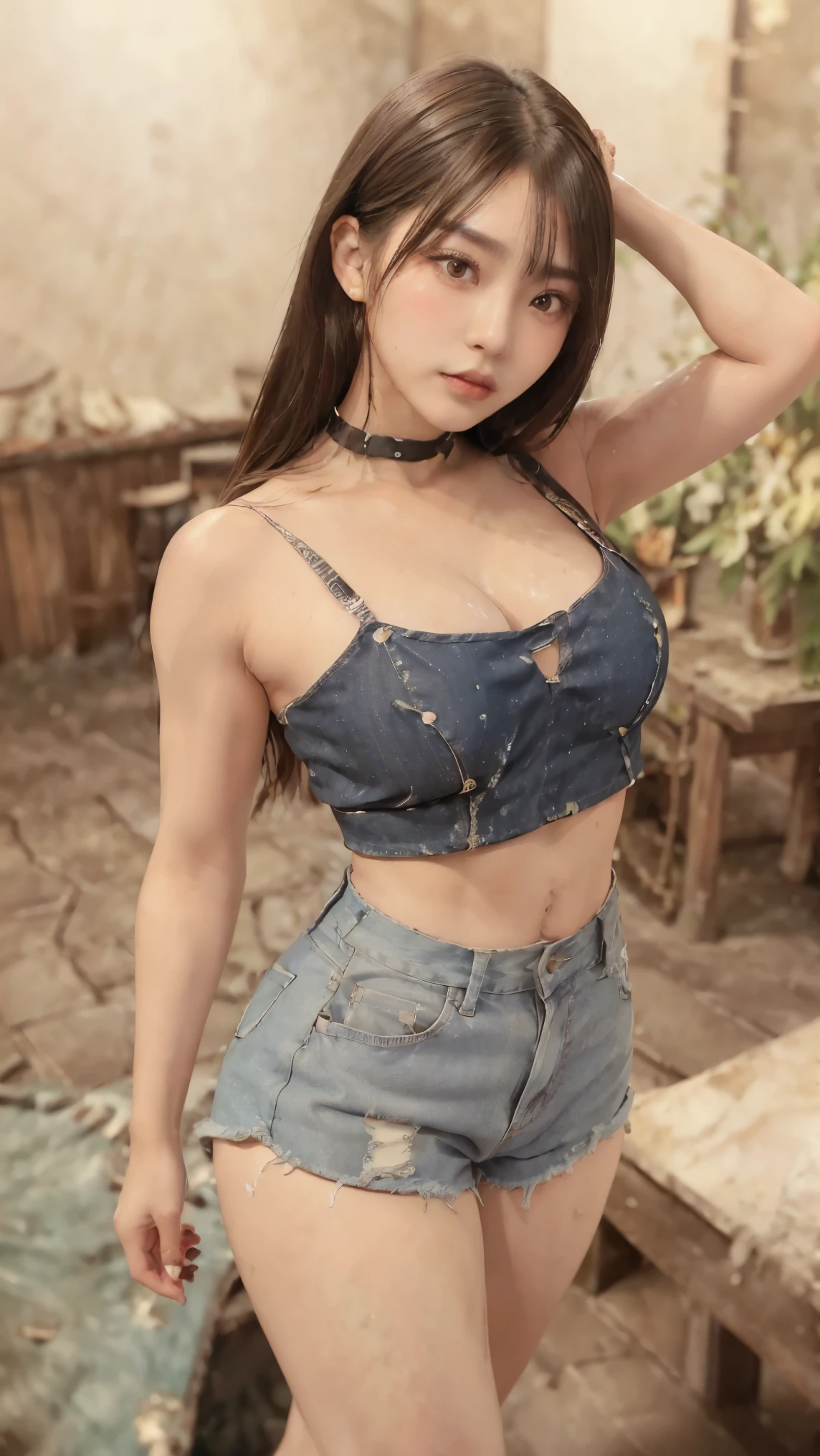 (Genuine, High resolution:1.3)、((High Reality, 8k, masterpiece: 1.3)), ((Very detailed)),(Realistic:1.2),8k,(High resolution),(Written boundary depth:1.2),(Written boundary depth:1.3), (highest quality:1.0), (Very detailed CG 8k wallpaper), (超A high resolution:1.0),concentrate: 1.2, Perfect body beauty: 1.4, Hip: 1.2, (Layered Haircut: 1.2)), (Dark Street: 1.3), very detailed face and skin texture, Delicate eyes, double eyelid, White skin, Long Hair, (Round face: 1.5), (loose crop top, Shorts: 1.6)、(Very delicate and beautiful), (Tabletop), Beautiful lighting ,Perfect Lightning, Genuine Shadow,Detailed skin, Very detailed (((colorful))),(Amazing photos of beautiful Japan women),(Character Focus),Perfect Anatomy,(Professional Lighting),
(One Girl),(young),(Raise your arms),
View audience,(walking),
((Beautiful details)),(Thin face:1.2),Thick eyebrows,(Drooping eyebrows),((Glasses))、(We say:1.2),(Blue Eyeshadow),Big eyes,(Brown eyes:1.3),((Big Breasts))、(smile),blush,(Very detailed skin),
(Lips parted:1.1),(Lips become thicker:1.2),(Glossy Lips),(lipstick)、Braiding,(black medium hair),(Let's grow your hair back),((Wide forehead)),(thin:1.2),
(Ideal body type:1.1),(Tall body:1.2),Attractive thighs,Attractive waist circumference,
(Big Breasts:1.35), ( Visible through clothing),(Muscular:1.25),(Skin-tight clothing:1.3),
(High-cut denim shorts:1.4),(White tube top:1.3),Looking at the camera, Cowboy Shot, look forward to, Standing posture, Contrasting, Dynamic Lighting,