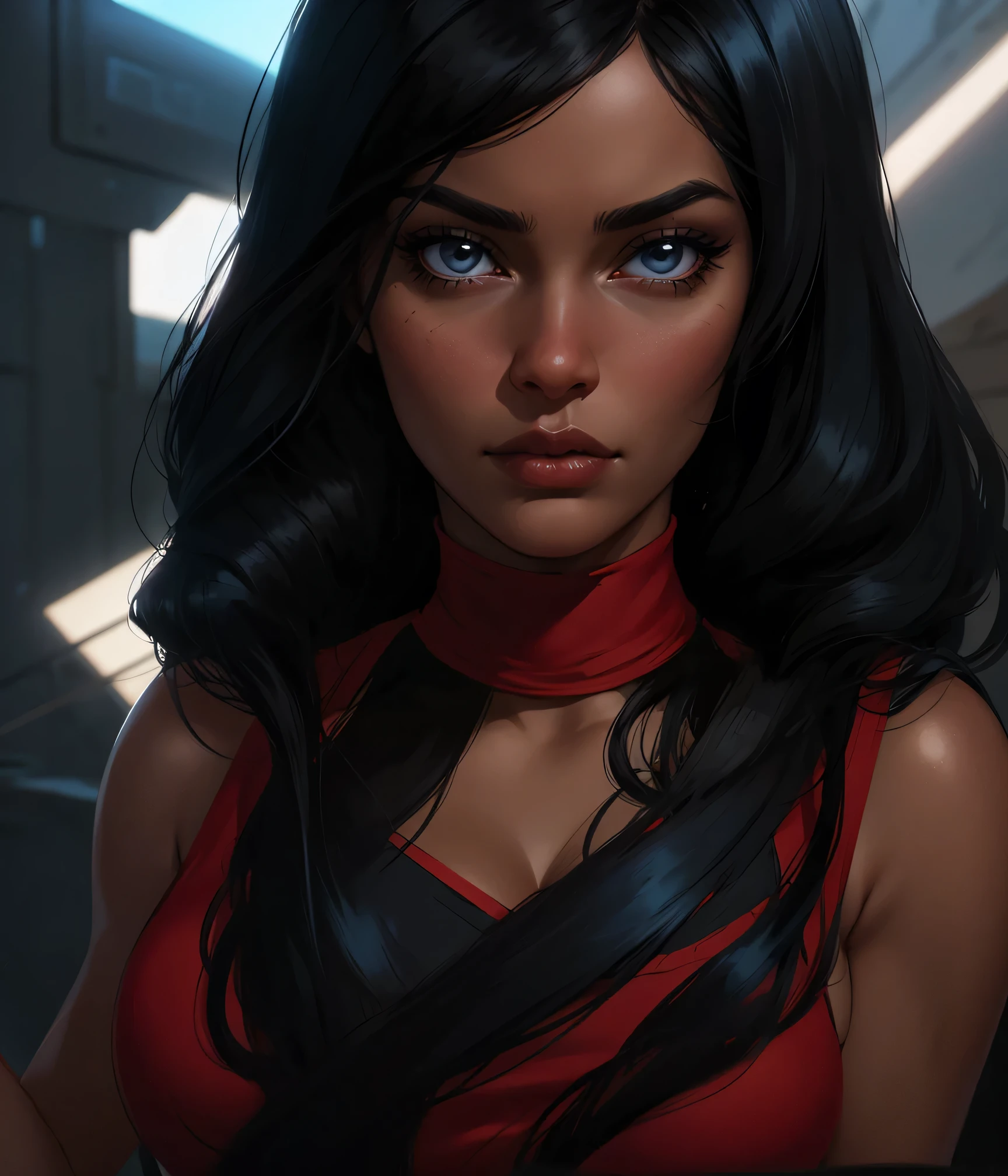 Image of a woman, brown skin, long black hair, light animation, black hair, brazilian woman from the front, black hair, detailed animation, black hair, big breasts, red dress, black hair, challenging eyes, black hair, blue eyes, black hair Good lighting, close face