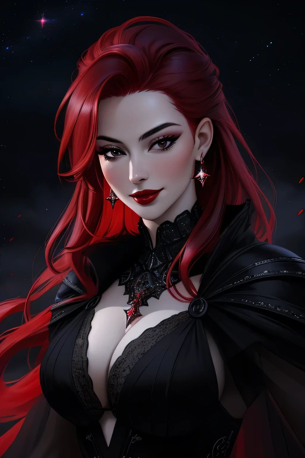 8K,(Sharp Focus：1.1） vampire queen,（(His mouth was covered in blood)）， Blood drop， Blood-stained hair， Ruby tiara， laced dress， Cleavage is seductive， Looking， dark shadow， Intensity， fanaticism， 8K， high quarity， intricate detailes， closeup cleavage， Glowing red eyes，You can see the vampire&#39;s big fangs,Emphasizes cleavage,Maniacalの笑顔の口からVampire Fangs,超A high resolution,super realistic skin,Maniacal,bright red mohawk hair,combat scene,action scene,actionpose,Open your mouth wide and stick out your fangs,Vampire Fangs,