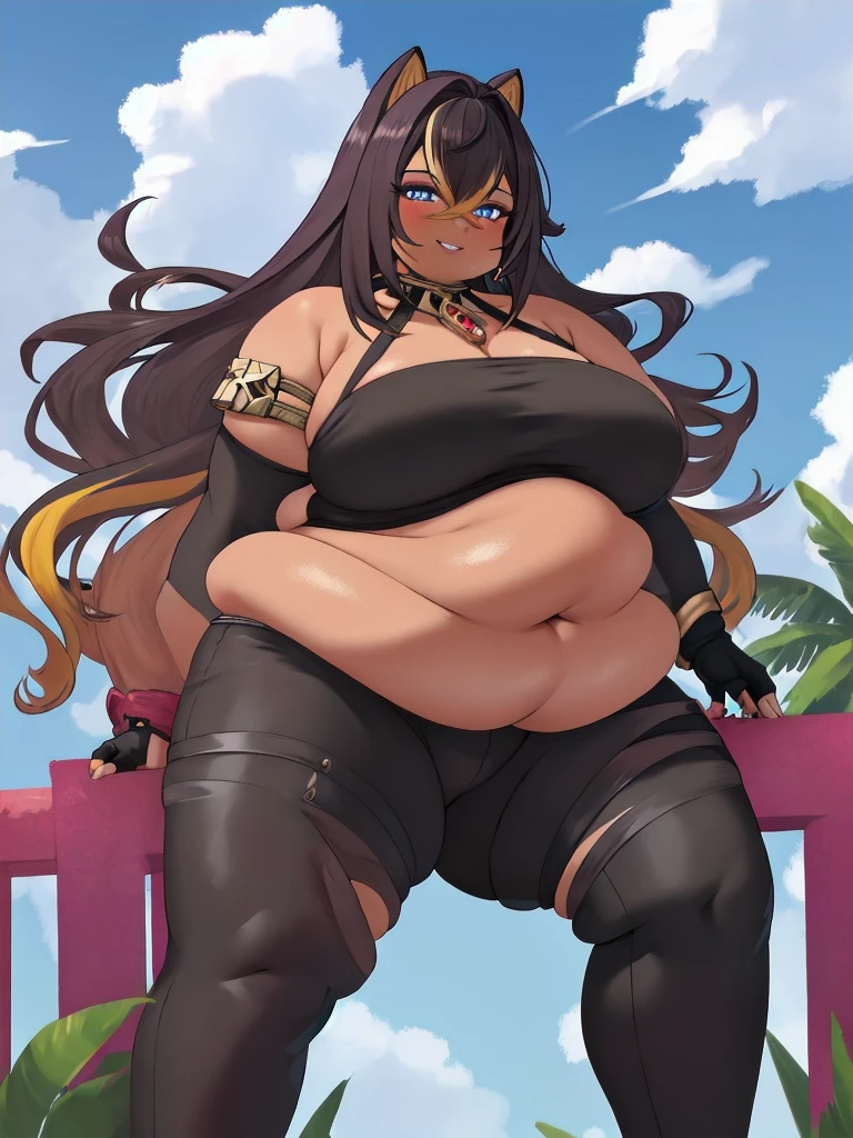 best quality, masterpiece, highres, solo, { obese dehya_genshin:1.15}, obese body, multicolored_hair, long_hair, bangs, blue_eyes, streaked_hair, dark_skin, blonde_hair, black_hair, hair_between_eyes, jewelry, crossed_bangs, halterneck, earrings, animal_ears, breasts, smile, brown_hair, navel, obese stomach, thick thighs, fat arms, big cheeks, fat thighs, big butt, large_breasts, hair_intakes, obese 1girl, blue_sky, gloves, sky, looking_at_viewer, midriff, outdoors, cloud, day, bare_shoulders, black_gloves, fingerless_gloves, armlet, medium_breasts, parted_lips