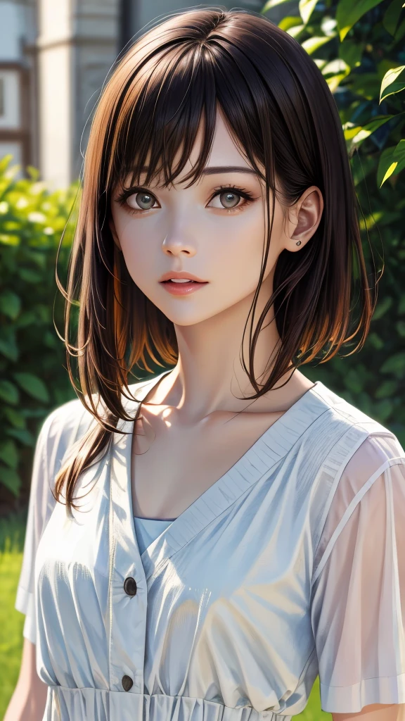 (High quality, 8k, 32k, masterpiece), (Real), (Real: 1.2), (High resolution), Very detailed, Very beautiful face and eyes, 1 girl, Round and small face, Tight waist, Slender body, (high quality, attention to detail, rich skin detail), (high quality, 8k, oil painting: 1.2), very detailed, (realistic, realistic: 1.37), bright colors, full body shot, Middle chest, short hair, front teeth