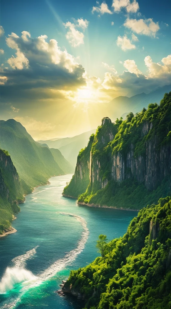 Masterpiece, ultimate quality, Cg unity 8k wallpaper, super delicate, beautiful sky and clouds, rich natural scenery, cliffs, lakes and rivers, waterfalls and flying water, beautiful green mountains, no trace of people, excellent scenery, has already won a photo contest, background Blurring, full depth of field, HDR high dynamics, true restoration, intricate, extreme details, dramatic presentation, perfectly presenting the style of midjourney art.