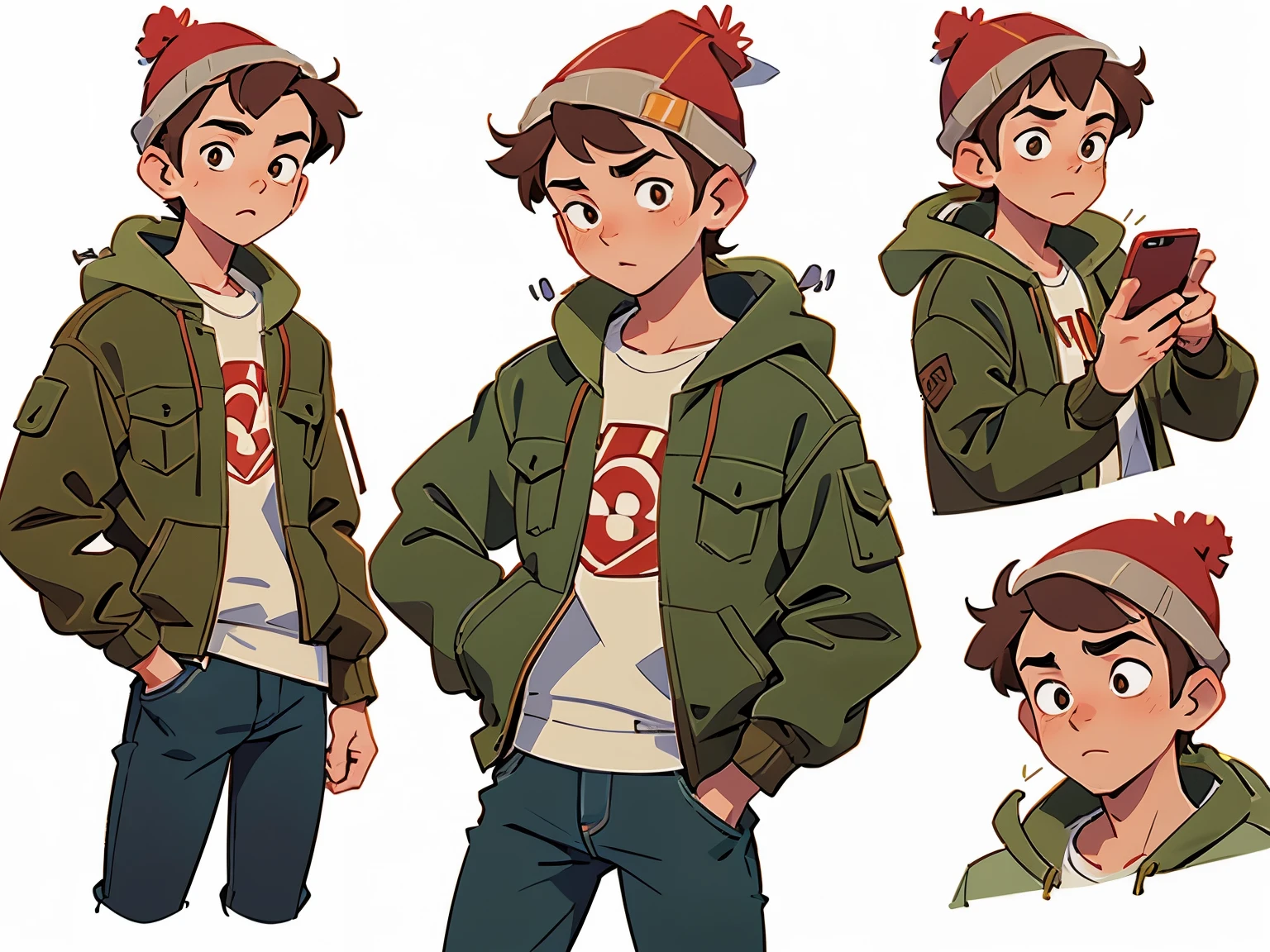 masterpiece,4k, single guy, detailed draawing of a young man with brown hair and brown eyes, wearing a green jacket, jeans and a red beanie, looking at his phone, no background, white background