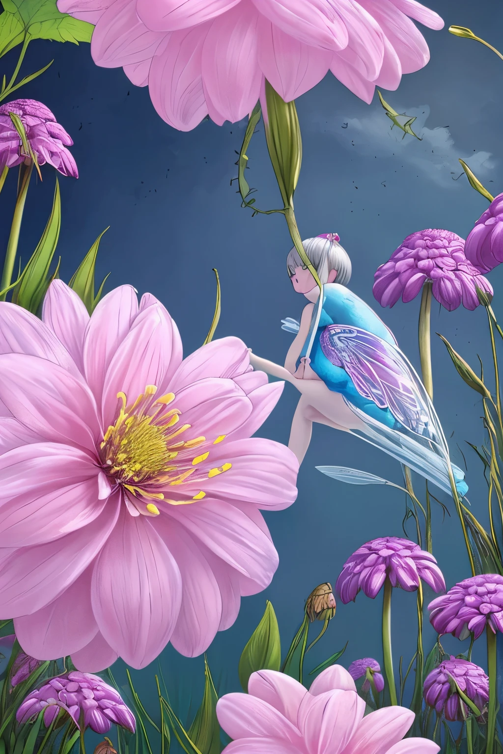 Realistic Clipart illustration,(((isolated on a white background))),very beautiful elegant pastel pink and white feather fairy in spring ,dark hair, hyper detail style, pink, green and soft pink mixed color settings, spiderlily, dahlias, baby’s breath and forget me nots. mix of realism and elias chatzoudis style, vintage style, bioluminescence, glow, fairy fixed on white background, no background no shadow in png digital art, james gurney art, white background