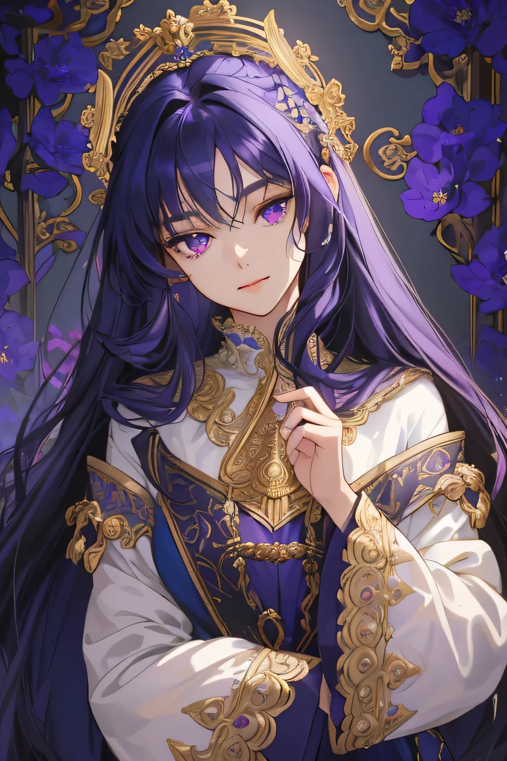 (extreamly delicate and beautiful:1.2), 8K,(masterpiece:1.0),(best_quality:1.0), 1 girl, and intricate detailing, Enlarged textures, and intricate detailing, finely eye and detailed face, and intricate detailing, ultramarine violet curl long hair, (closed mouths), Perfect eyes, Equal eyes, purple eyes (A famale god) with golden yunani romawi, look at camera,