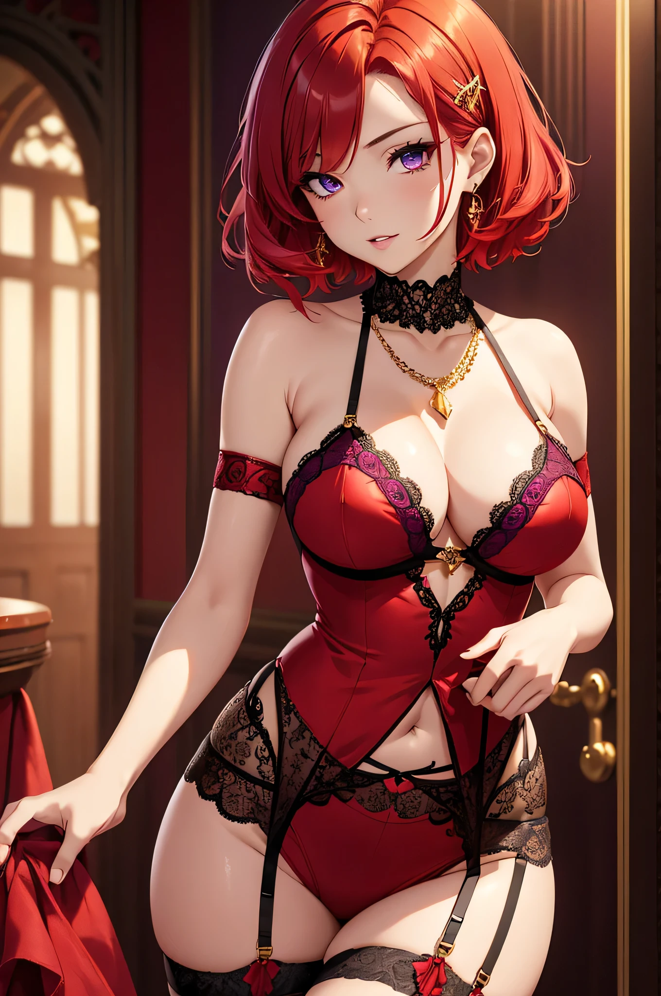 Highest quality、highest quality、Highest Resolution、beautiful girl, Bright red hair,Short Hair、Big Tits、Hair clip, Detailed purple eyes, Red garter belt,Black lace、Firm breasts,Gold Necklace、Golden earrings、In close range、Sexy look、Poses that accentuate the chest、