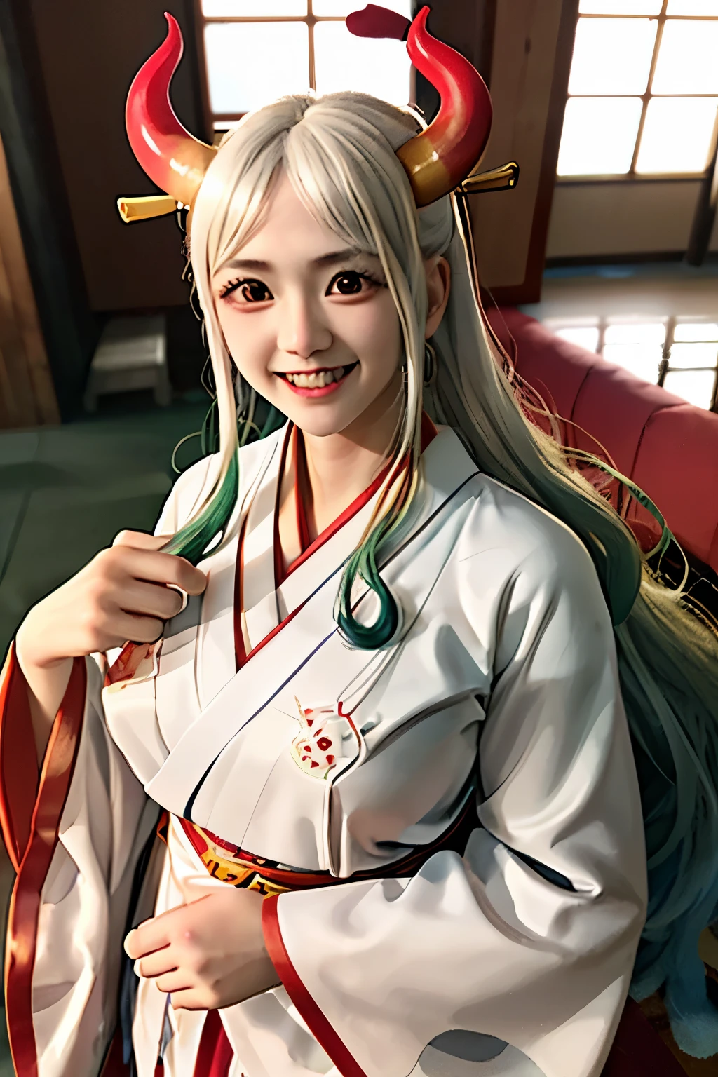 Blonde woman in Red kimono with horns and white shirt, anime girl cosplay, Japanese goddess, ayaka cosplay, perfect white haired girl, Charming anime girl, Anime girls in real life, anime cosplay, in kimono,  white hair, Beautiful, charming anime women, cosplay, Shot with canon eos r6, white haired god, Close-up Yamato smiling cutely. Beautiful forest floor. HD,