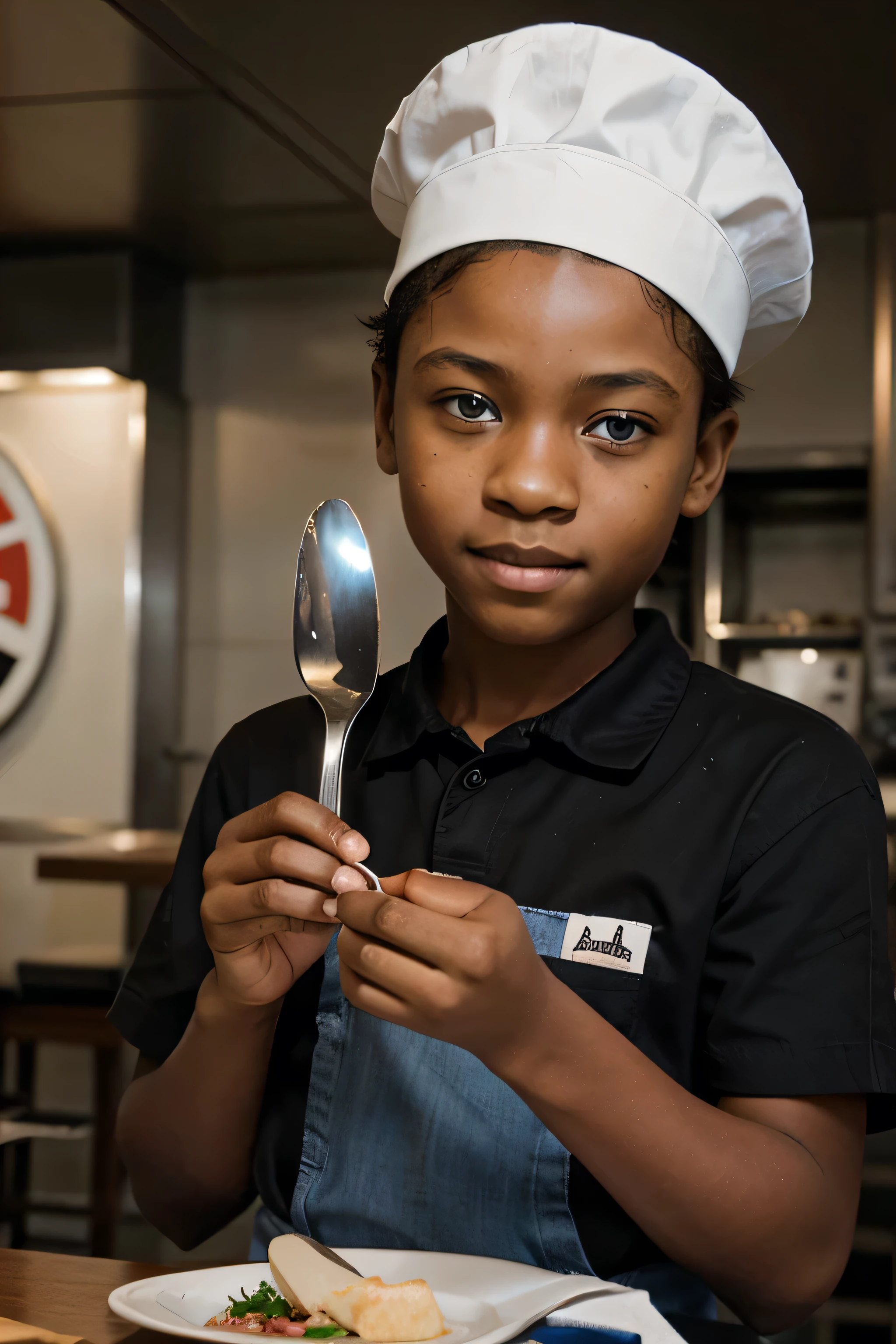 Image of a black with “blue eyes” aged between 10 and , wearing a chef's hat, holding a fork and a spoon, the boy must appear completely in the image, with a restaurant logo style