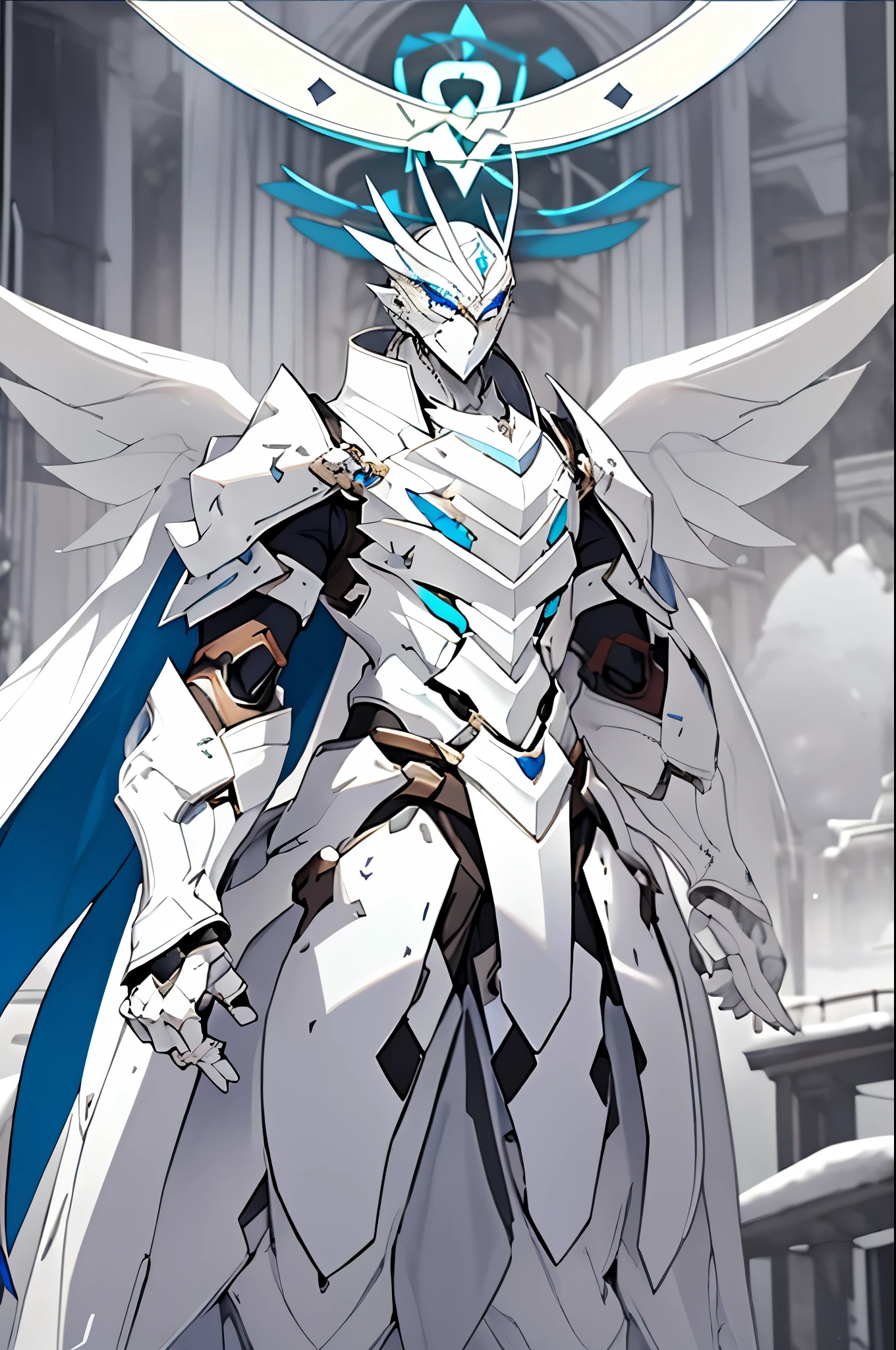 Snow white skin, blue eyes, white hair, handsome boy, white mecha mask, white mecha armor, blue glow, blue aura, blue chest core orb, white gauntlets, white angelic mecha wings