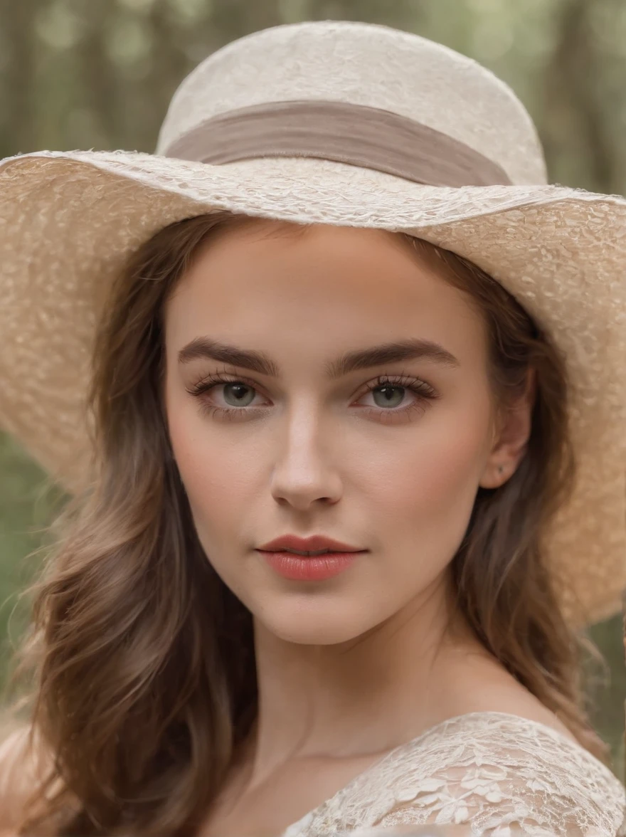 NadT1lTTXV1A, a 20 yo fit and beautiful woman [Elizabeth II:Maude Adams:0.45] posing for masterpiece photo, wearing a hat and a white shirt in a forest area with trees in the background and a bush, (safari setting:1.3), (Hasselblad X1D II Digital), (professional photo shooting), (model pose), (highly detailed facial features), (perfect color grading), (natural light), (high quality photography), (intricate details), (8k), (HDR), (sharp focus), (medium view:1.2)