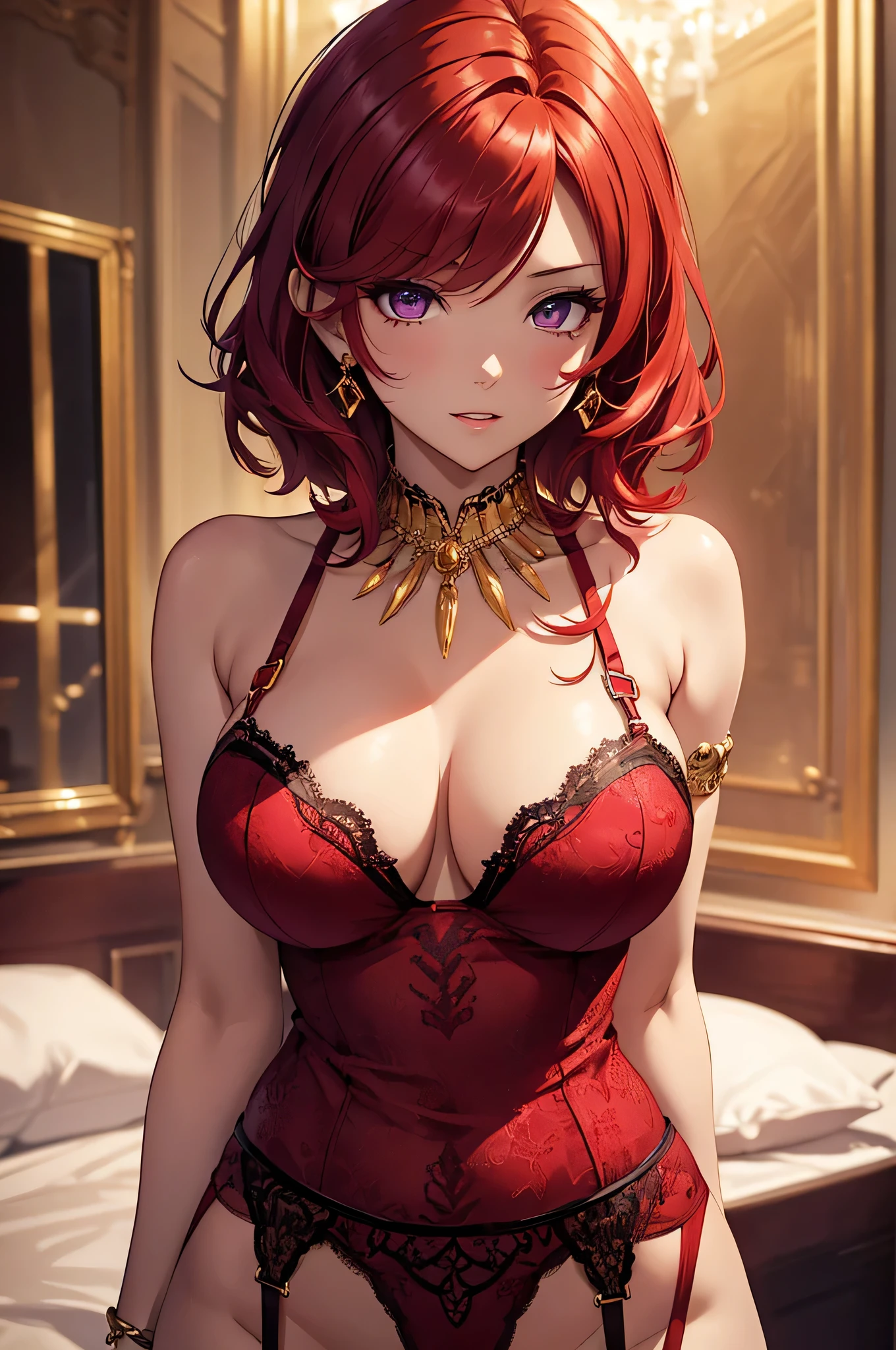 Highest quality、highest quality、Highest Resolution、beautiful girl, Bright red hair,Short Hair、Big Tits、Hair clip, Detailed purple eyes, Red garter belt,Black lace、Firm breasts,Gold Necklace、Golden earrings、In close range、Sexy look、Poses that accentuate the chest、
