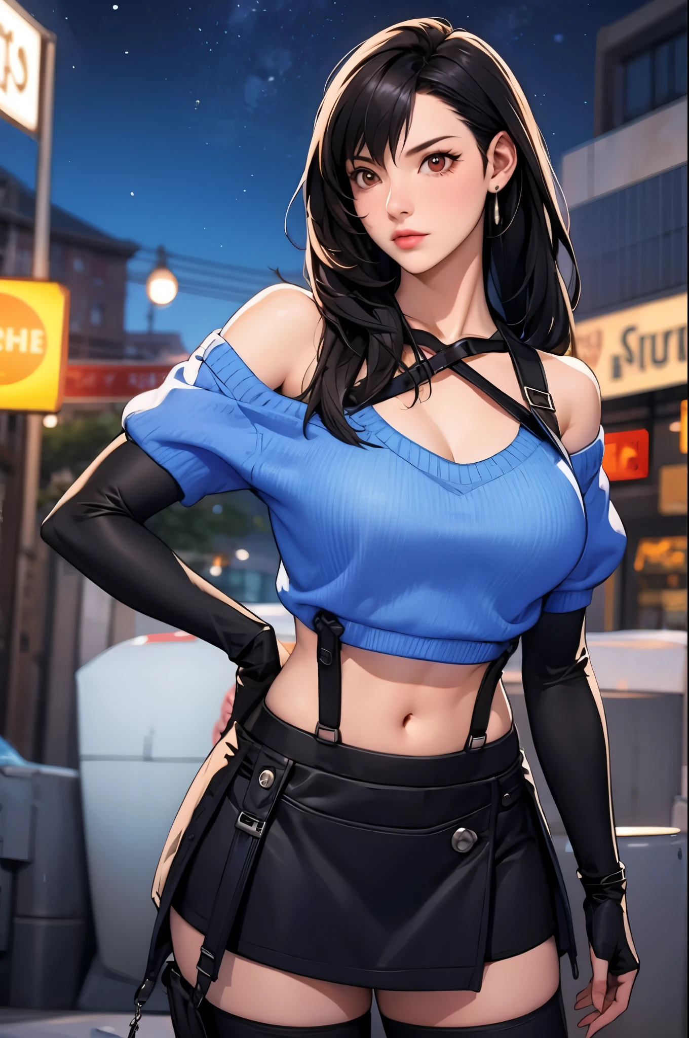 low-tied long hair:1.4, perfect eyes:1.2, detailed eyes:1.4, metTifa, closed mouth, angry, navel, large breasts, red eyes, earrings, cropped sweater, blue sweater, off-shoulder, short sleeves, suspender skirt, elbow gloves, armored legwear, night, city, cowboy shot, 1girl, solo, (masterpiece:1.6, best quality),
