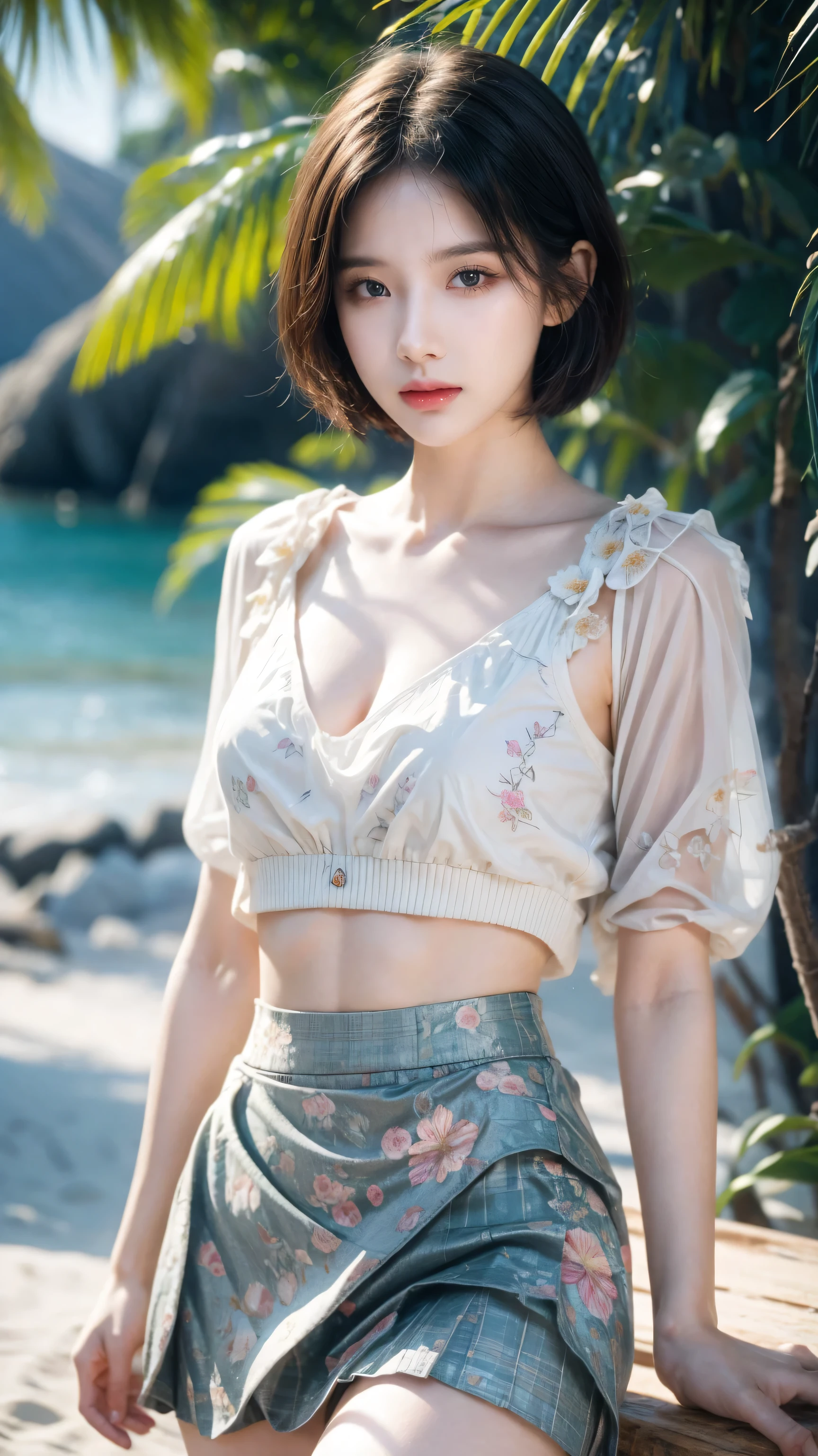 (nlnnnx_1985-1987_V1.4 grams:0.5), nlnnnx, short hair, (Clear focus:1.2), portrait, existtractive young woman, (Pretty Face:1.1), Delicate eyes, Sweet lips, (Eye Makeup:1.2), (Firm body:1.2), Wear (Floral skirt:1.2) exist (Beach:1.2). (Morning sunlight lighting:1.2), Depth of Field, Bokeh, 4K, HDR. go through (James C. Christensen:1.2|Jeremy Lipkin:1.1).