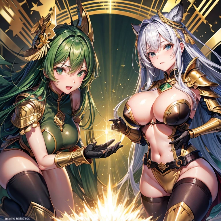 masterpiece,highest quality,Ultra-high resolution),Japanese women, Very beautiful girl, Naïve girl、Perfect limbs、Perfect Anatomy、Glowing Beautiful Skin、Watery eyes、Brown shiny hair、The colors and landscapes of youth、Premonition of Love: Green and Gold Uniform、 metallic Green armor, High Quality Costume, Brass armor, masterpiece衣装, Green armor, Avan Uniform, Golden black uniform, Gold Armor Suit, quality commander, Combat Uniform, Embroidered uniform guard, Golden Obsidian Armor, Smooth Gold Armor、Camel Toe、Giant tit、Nipple Puffs、Cleavage、Plump、Super big breasts、Super big butt、Microcosm、Mirage、A chest that&#39;s about to burst