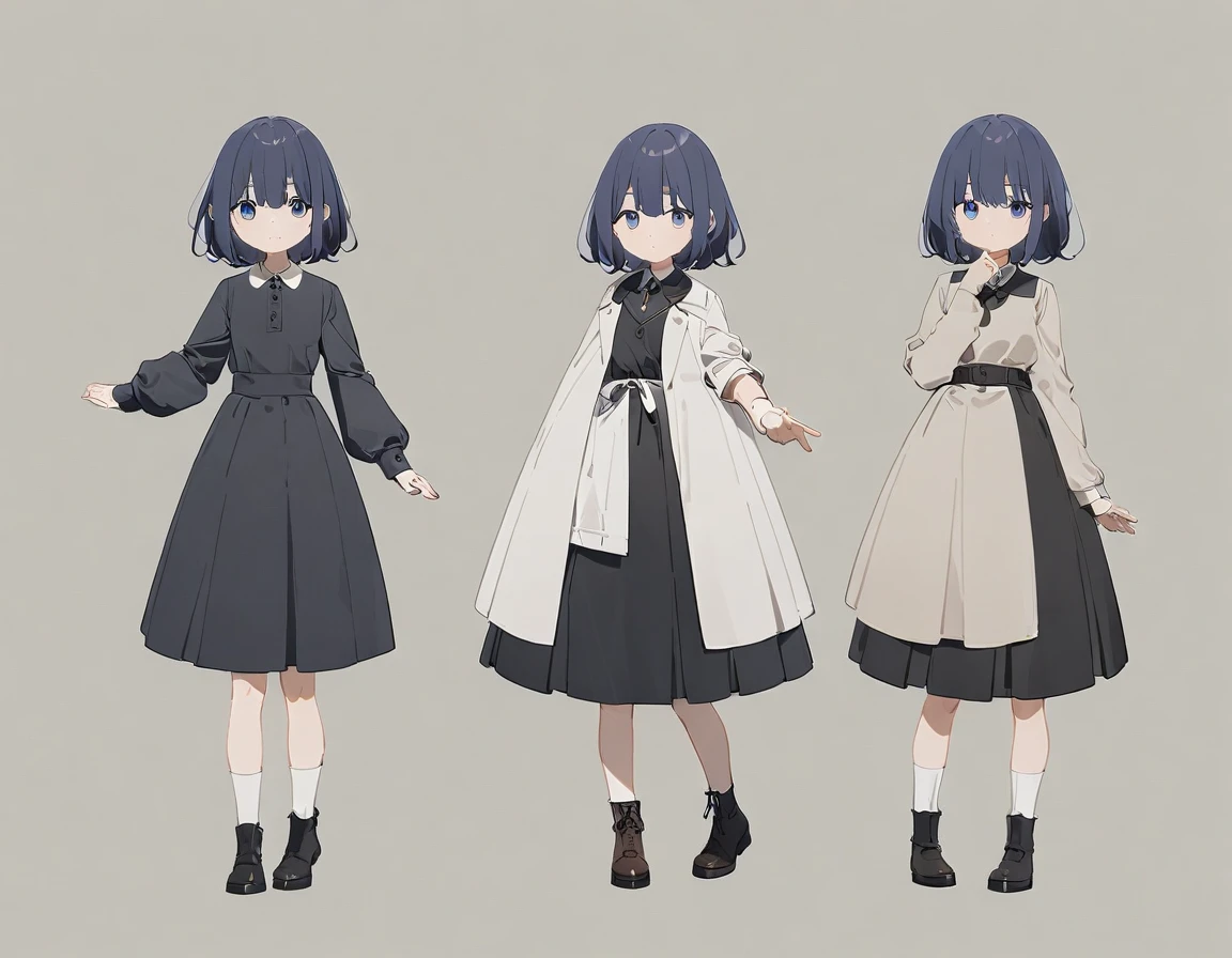 (highest quality、masterpiece、High resolution、detailed)、4K、美しいanime、(Beautiful Eyes、detailed美しい顔)、No text, (best quality, masterpiece), 1girl, ,cute, standing girl, three view drawing, front and back and side, character sheet,full body,simple background,、(Simple Background)、Flat Style、anime