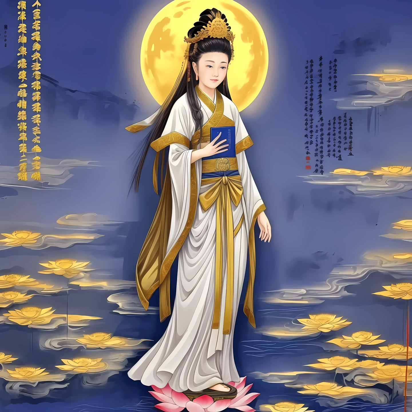 ((best quality)), ((masterpiece)),
((guanyin,1girl)),((chinese text,  text focus,wall of text)),water, lotus,full moon,hanfu,dress,chinese clothes,