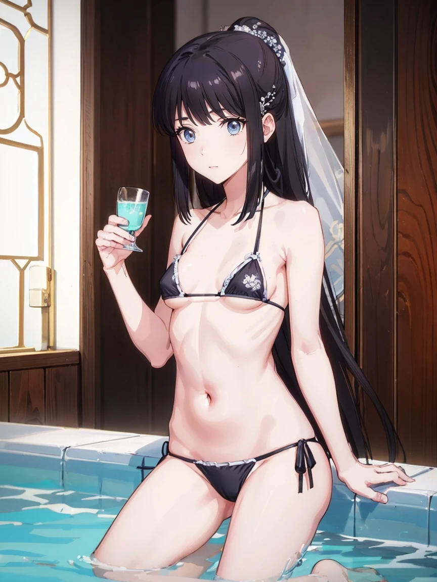 A crowded pool,One Woman,Full body photo,Tabletop, Best image quality, high quality, The background is clear,Beautiful woman, Japanese, detailed, detailed eyes, detailed skin, Beautiful Skin, 超High resolution, (reality: 1.4),Very beautiful woman, A little younger face, Beautiful Skin, thin, (Ultra-photorealism), (High resolution), (8k), (非常にdetailed) (Beautiful and detailed eyes), (非常にdetailed), (detailed face), Displaying the viewer, Fine details, detailed face, Staring straight ahead, Staring straight ahead, Photo Real, Black Hair,ponytail,Baby Face,,Hairstyle: long hair, blunt bangs、smile,(((bikini,)))(Flat chested,)(体がthin,)