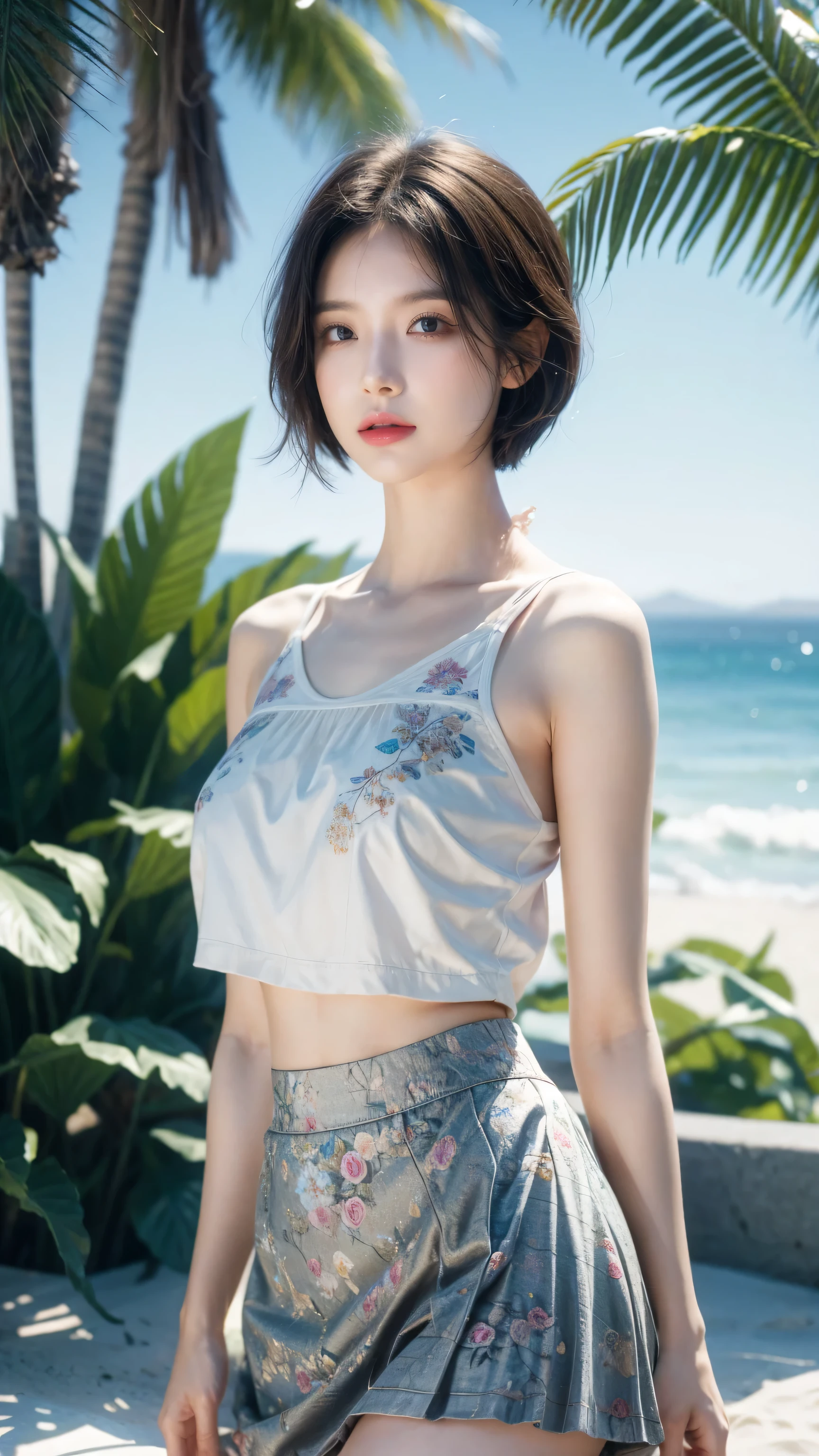 (nlnnnx_1985-1987_V1.4 grams:0.5), nlnnnx, short hair, (Clear focus:1.2), portrait, existtractive young woman, (Pretty Face:1.1), Delicate eyes, Sweet lips, (Eye Makeup:1.2), (Firm body:1.2), Wear (Floral skirt:1.2) exist (Beach:1.2). (Morning sunlight lighting:1.2), Depth of Field, Bokeh, 4K, HDR. go through (James C. Christensen:1.2|Jeremy Lipkin:1.1).