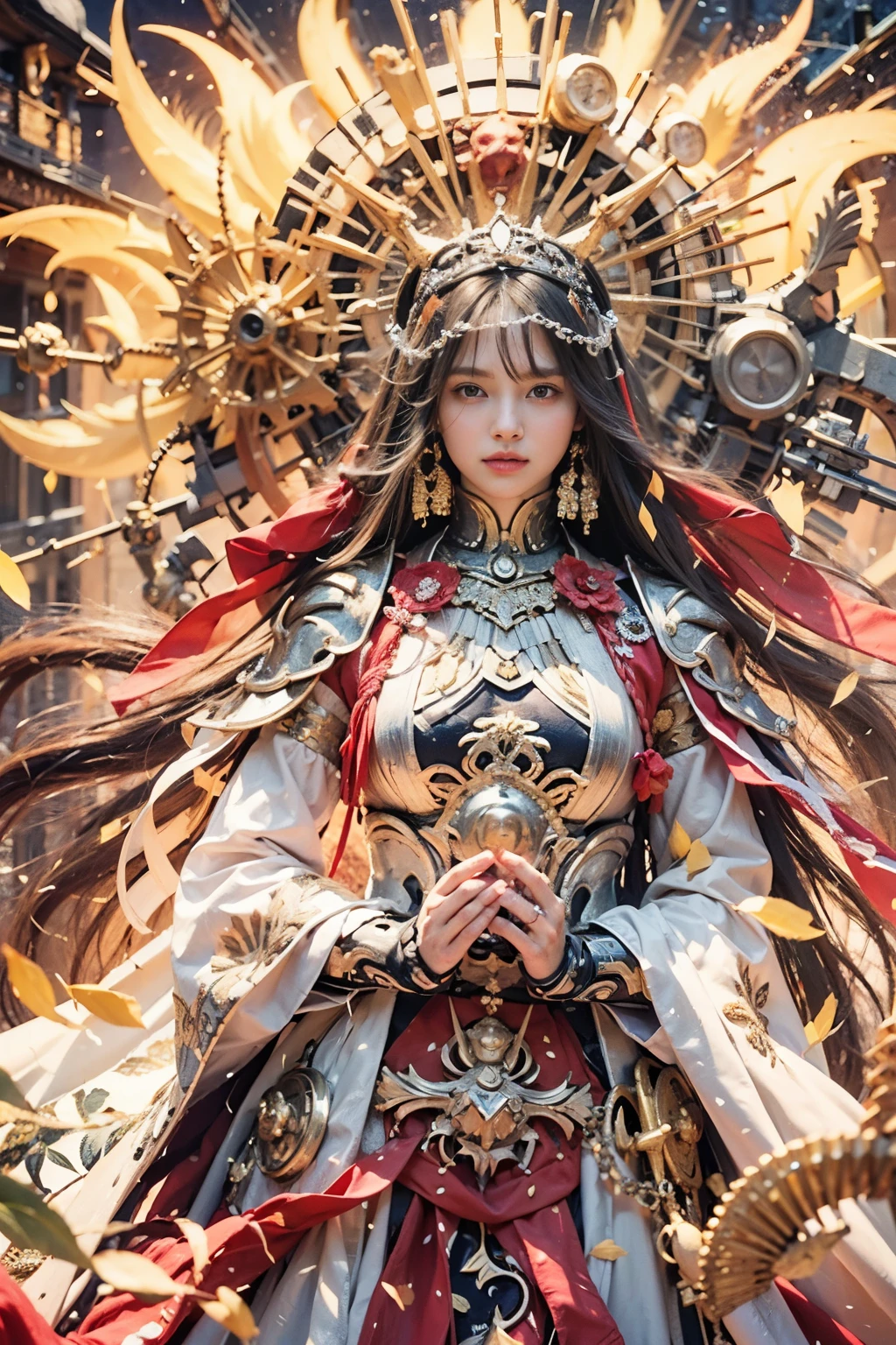 (masterpiece, best quality:1.2), (8k uhd, 16k, 32k, ultra high res), (photorealistic:1.37), (RAW photo), ultimate-realistic, ultimate-realistic details, ultimate-realistic texture, ultimate-intricate details, ultimate-realistic lighting, ultimate-realistic shadow, 1 japanese girl, ultimate-cute face, ultimate-RAW skin, ultimate-realistic eyes, (mechanical:1.4), (armor), full body, wide shot