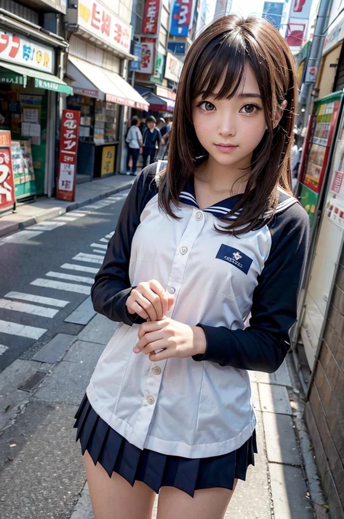 in 8K,top-quality,Real Image,intricate detailes,超A high resolution,Depth Field,masuter piece,natural soft light,profetional lighting,1 girl in,(cute little:1.2),Very beautiful 17 year old cartoon girl,Hyper realistic anime, photorealistic anime girl render, Cute , Seductive Anime Girl, Realistic Young Gravure Idol, realistic anime 3 d style,A detailed eye,((Brown-eyed)),(Brown hair),(bangss),dynamicposes、portlate、japanes、A smile、s lips、(Colossal tits)、(Crowded Akihabara:1.2)、Look at viewers、natural soft light、full body Esbian、solo、 Pupils、University、Uniforms、((a sailor suit))、Bobby Socks、Dark blue pleated skirt、Daytime、in a street、akihabara、Shinjuku、Shibuya、Ikebukuro