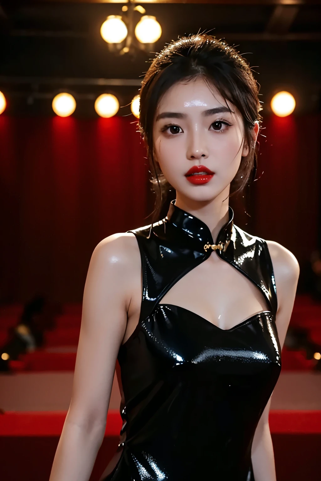 1 Girl,shrub,girl girl, Black cheongsam dress, Blunt, (masterpiece:1.4), (best quality:1.4), (Oily and shiny skin), Red lips, Looking at the audience, Large Breasts, Cleft lip, Upper Body,