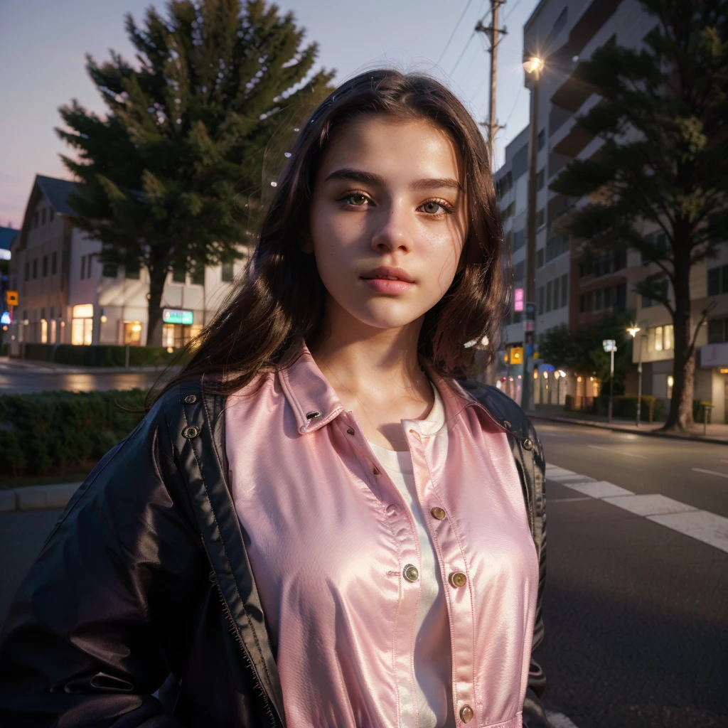 Masterpiece, white skin, textured skin, super detail, high details, high quality, 8k, nice pose, road night background, dark shadow, less light, nature light, side lighting to face beautifull (( girl)) A pink jacket, cute girl, beautiful girl, cute detailed , realsltic,