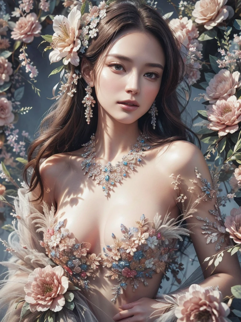 ((((8k))),(highest quality color photo of a mysterious beautiful woman in floral clothing on a fashion magazine cover, Haute couture fashion shoot:1.2),(Very delicate and beautiful work:1.2), Elegant pose, Glamorous fashion pose, Art Nouveau, focus on Art Nouveau suit, Floral Couture, Luxury Fashion,(She is the epitome of beauty and charm., Her clothes are as soft and light as air., Elegant and sophisticated fashion,) Detailed face, View your viewers, Fine grain, Iris, Glossy Lips , A gentle yet mysterious expression, Beautiful C Cup Breasts,High color saturation, Surrealism , (highest quality, masterpiece, Super detailed, Ultra-high resolution, Realistic, RAW Photos, Absurd, The absolute solution:1.4),brake, Divine Light, With neon lights, Spectacular backdrop, Starry sky background, Simple Background,