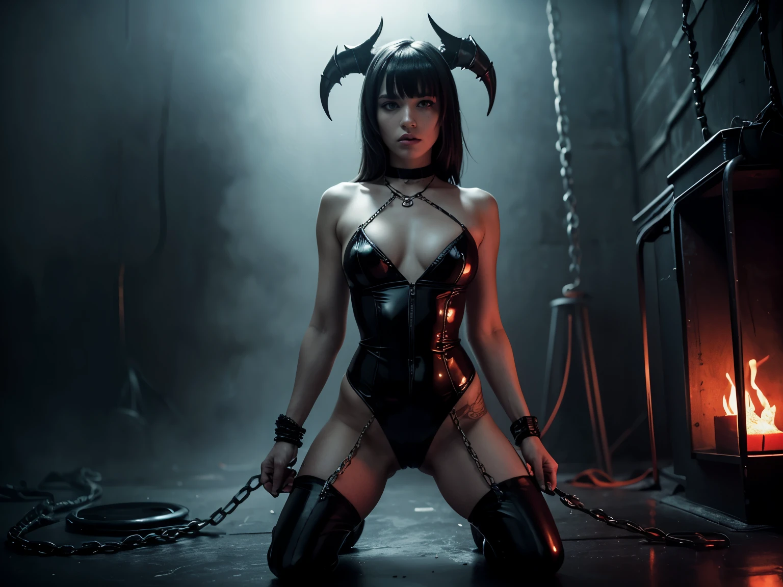 (Best Quality,hight resolution,Masterpiece, full body front view:1.2),Ultra-detailed, woman dressed in latex lingerie, with chains all over her body,sickly,kneeling down in a room full of chains, high waisted latex thong, chains, chained demon girl, centered subject,gloomy ecstasy,fetish,dark fashion photography, creepy but sexy, gritty texture,devil horns,warped reality,melancholic expression on her face,mysterious aura,foggy atmosphere,foggy red background,red color palette,provocative pose,Strong emotions,Coming Out of the Depths of Despair,Piercing gaze,intense shadows,Plunged in Darkness,dark industrial aesthetic,ominous vibe,A supernatural sensation,Loss of Place in Time and Space,Eerie silence.asymmetrical bangs, freckles, black short hair, Bangs, freckles, gray eyes,