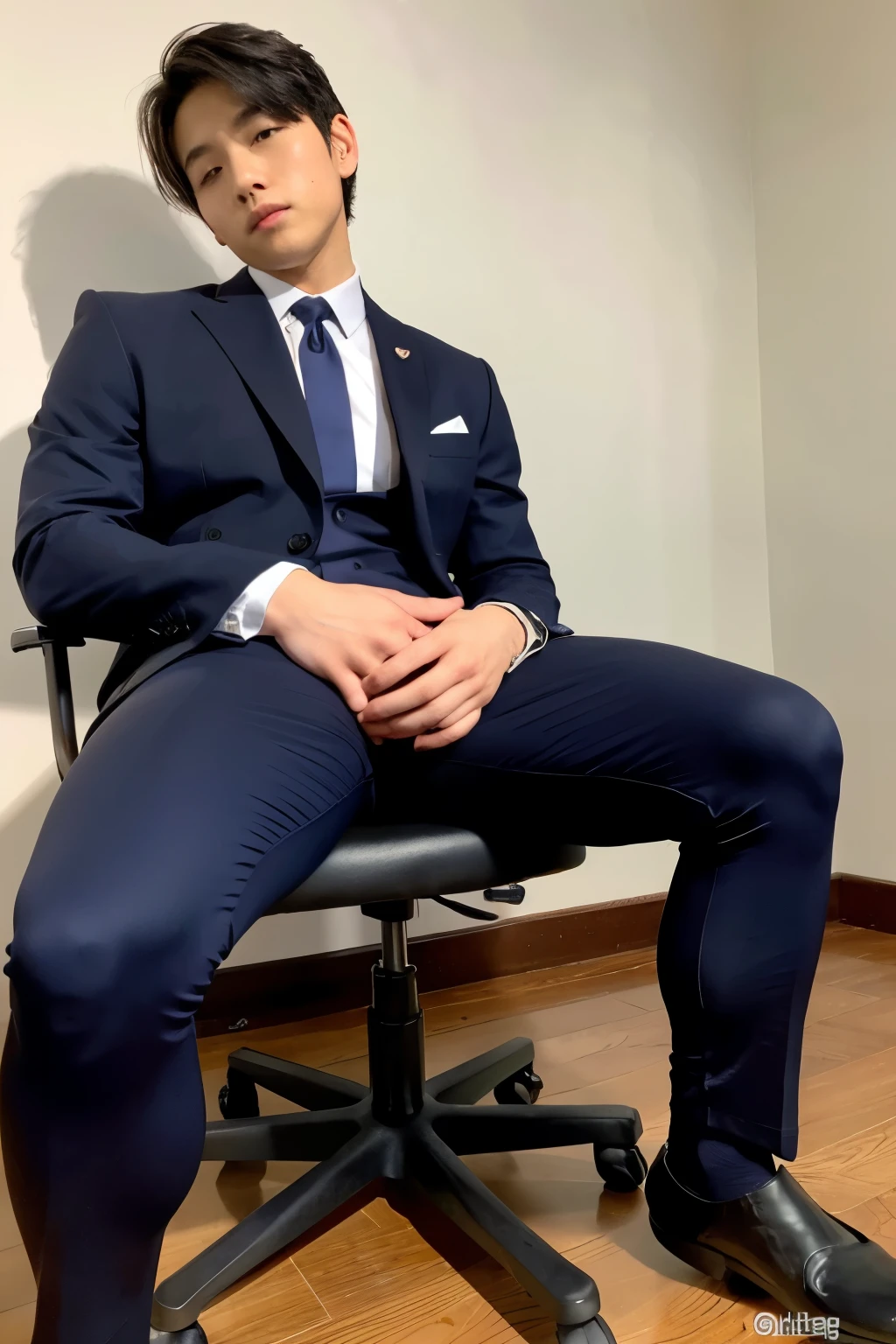 Young man, male, wearing a navy suit, sitting on a chair, Japanese, thick thighs, large thighs, bulging crotch, plump thighs, full crotch, muscular, heavy crotch, angle from below, tight navy suit