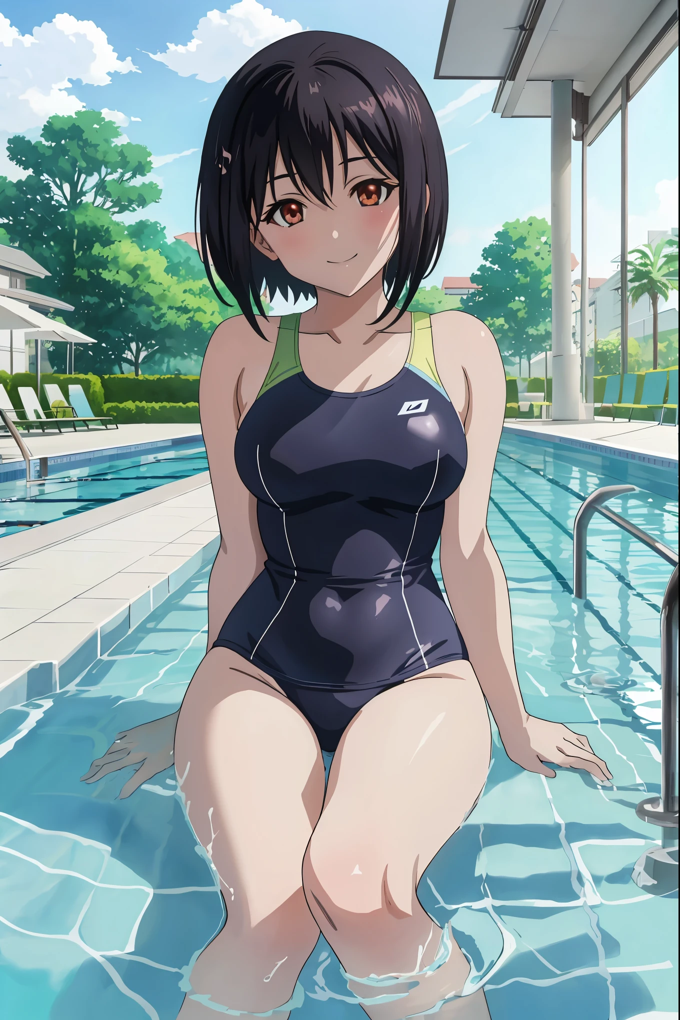 ((masterpiece, Best Quality, Very detailed, Very nice 8K CG wallpaper)), A little thick, Long Hair, Navy Blue Hair, Short Hair, Dark blue eyes、Competition swimsuit、Large bust、Cute expression、Inside the school pool、discovery、One Girl、whole body、Hoshino Ichika、Bust size: D cup、full body shot