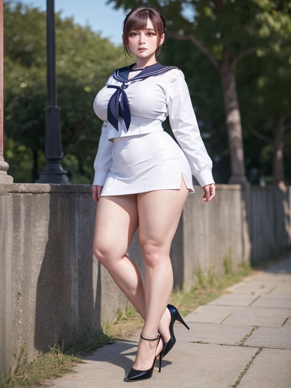 Big Breasts, Big Hips, Full Body Shot, Mature mother, Voluptuous thighs, A cow, Seductive mature woman, Perfect body, Plus Size Model, Sailor suit, Wearing high heels,Miniskirt Uniform, Chunli,