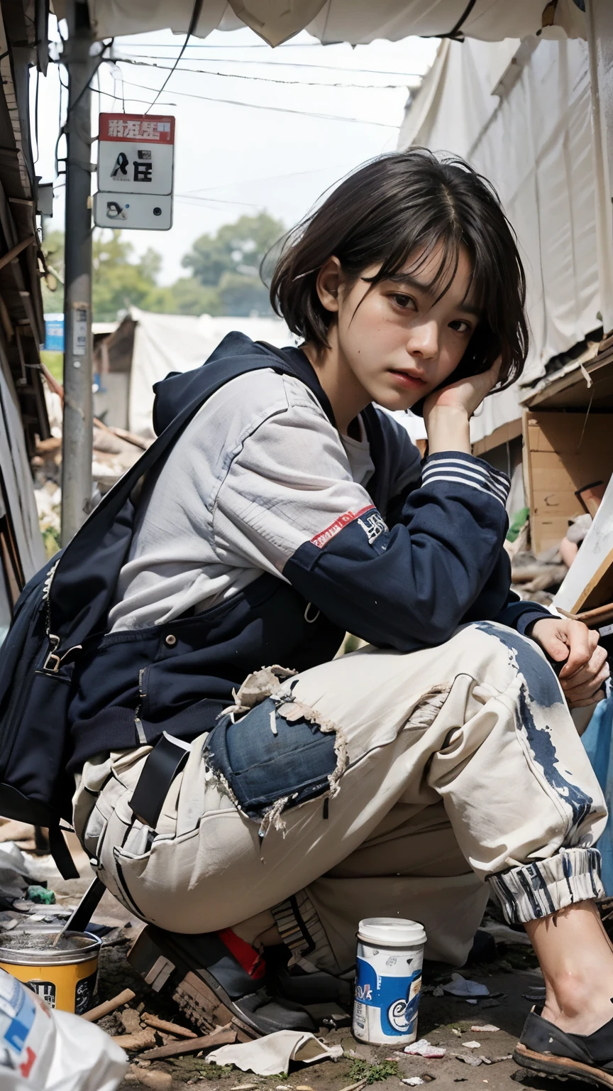 Bobcut,Eating rotten canned food,20-year-old,(((Homeless))),Bad complexion,Full of trash,Korean women,Pitch black,Tattered clothes,(((The collapsed room))),(((Garbage dump))),Crouching,((( in a destroyed city,Oil,Mud stains,shit,dirty))),(((Frowning,カメラをGlaring))),((((Rubble pile))),After the disaster,Very fine eye, junk,((Inside the barrack tent)),((refuge)),(((He&#39;s wearing a tattered and dirty black hoodie.,Wearing ripped pants))),(((Collapsing Building))),(((Tragic))),((photograph)),(((Fabric Shading))), (((highest quality))), (((masterpiece))) strong girl, ((((Realistic)))),,Black Hair, chic hairstyle, ((With bangs,ストレートミディアムBobcut, nice hair)), Light makeup,Red eyes, (((I&#39;m not wearing lipstick))), (nice, strong), (((Strong night atmosphere))), Centered Images, Looking at the camera, Elegant colors,Realistic Skin,Realistic texture,８k,whole body,Pale skin,Red iris,Expressionless,Glaring,Perfect Face,(((Big eyes))),Holding a blank board