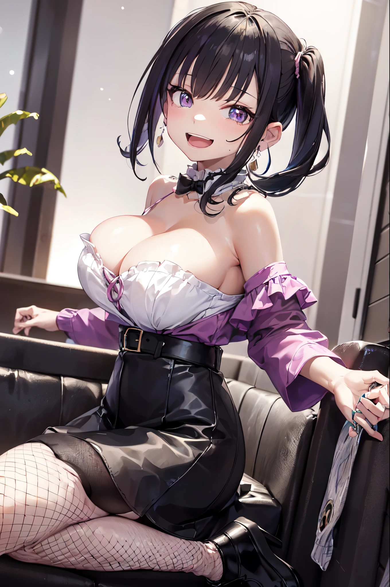 sc1, couch, scenery, table, indoors, night sky, low_light, depth of field, from from side, sitting,, ultra detailed, masterpiece, best quality, aesthetic, detailed,

One Girl、Black hair in twin tails、short hair、Wavy Hair、Blunt bangs、Purple eyes、((A sweet, ecstatic face:1.5),Lots of silver earrings、((Big Breasts)), Pink frilly outfit、Off-the-shoulder strapless、Black mini skirt、((Fishnet tights))、Platform leather shoes、
