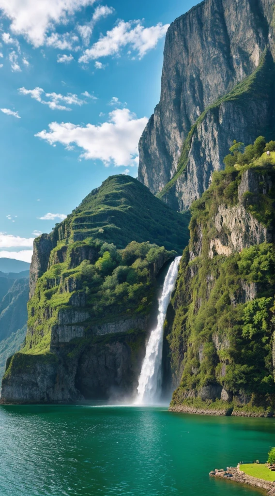 Masterpiece, ultimate quality, Cg unity 8k wallpaper, super delicate, beautiful sky and clouds, rich natural scenery, cliffs, lakes and rivers, waterfalls and flying water, beautiful green mountains, no trace of people, excellent scenery, has already won a photo contest, background Blurring, full depth of field, HDR high dynamics, true restoration, intricate, extreme details, dramatic presentation, perfectly presenting the style of midjourney art.