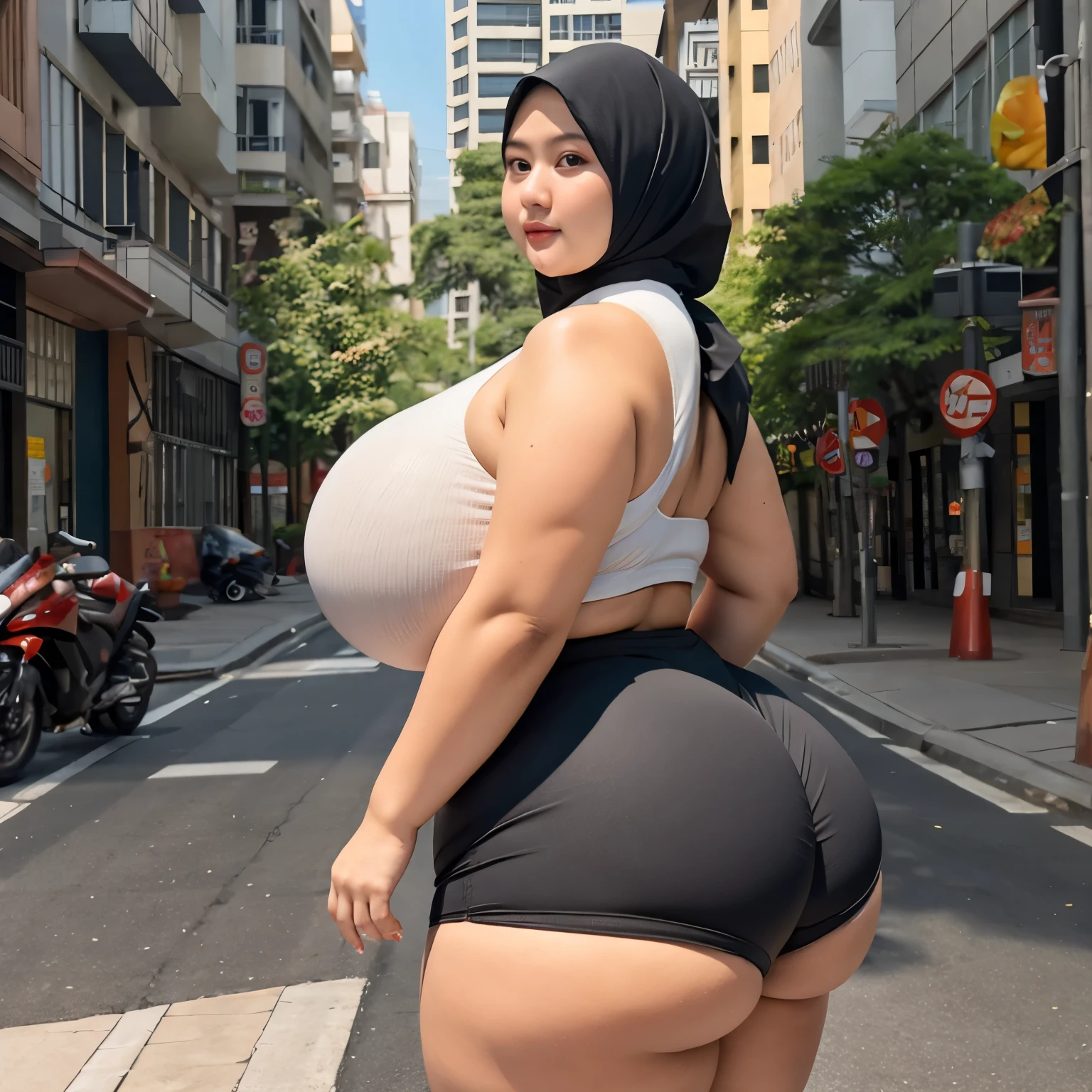 masterpiece, detailed and realistic, 8K, Indonesian hijab woman posing on a city street, thick body, giant breasts, slim stomach, very wide hips, body like a Spanish guitar, thick thighs, long legs, curvaceous body, stunning giant goddess shot, strong and big, big booty, booty, hyperrealistic full figure, wide hips