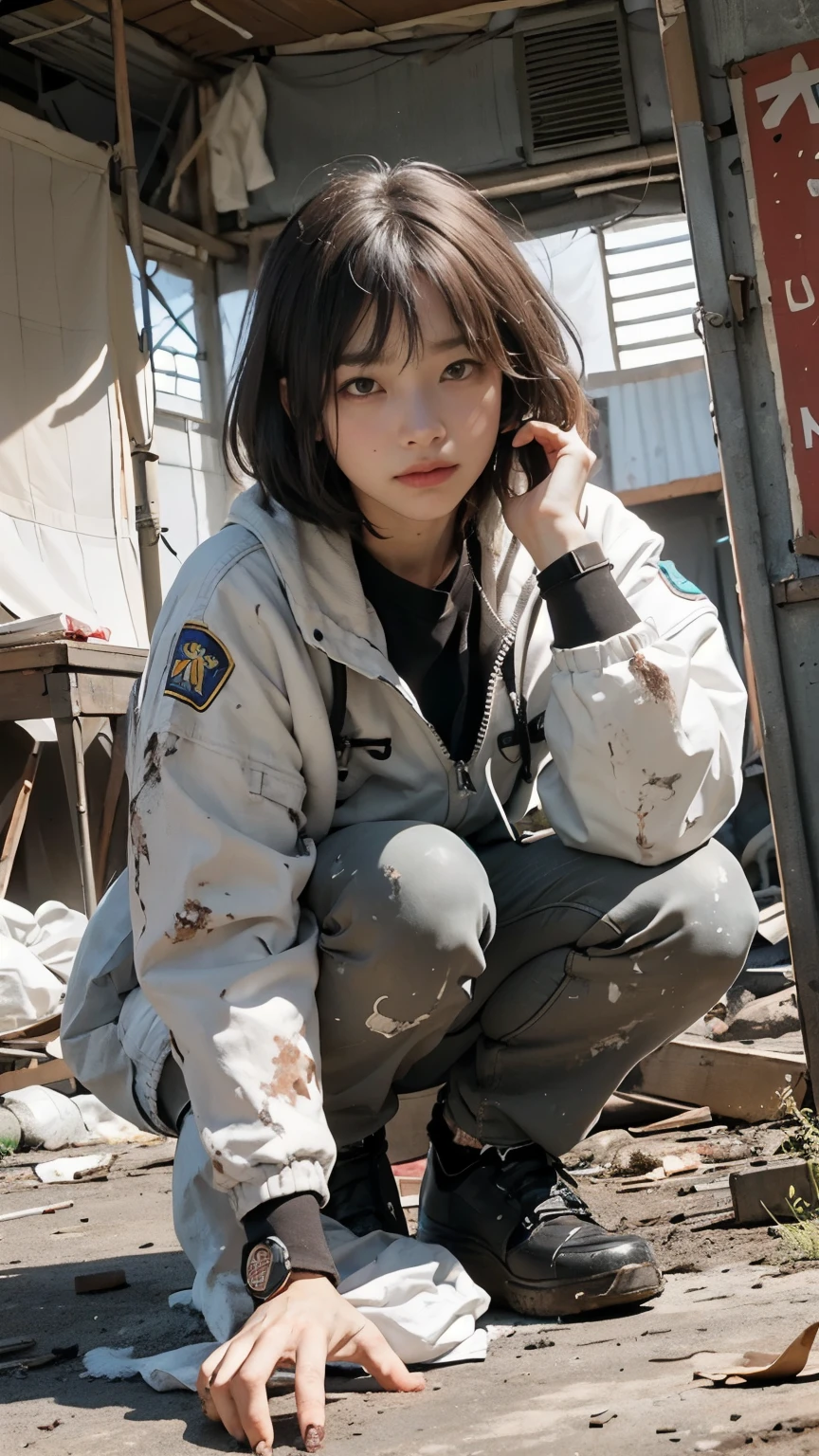 Bobcut,Eating rotten canned food,20-year-old,(((Homeless))),Bad complexion,Full of trash,Korean women,Pitch black,Tattered clothes,(((The collapsed room))),(((Garbage dump))),Crouching,((( in a destroyed city,Oil,Mud stains,shit,dirty))),(((Frowning,カメラをGlaring))),((((Rubble pile))),After the disaster,Very fine eye, junk,((Inside the barrack tent)),((refuge)),(((He&#39;s wearing a tattered and dirty black hoodie.,Wearing ripped pants))),(((Collapsing Building))),(((Tragic))),((photograph)),(((Fabric Shading))), (((highest quality))), (((masterpiece))) strong girl, ((((Realistic)))),,Black Hair, chic hairstyle, ((With bangs,ストレートミディアムBobcut, nice hair)), Light makeup,Red eyes, (((I&#39;m not wearing lipstick))), (nice, strong), (((Strong night atmosphere))), Centered Images, Looking at the camera, Elegant colors,Realistic Skin,Realistic texture,８k,whole body,Pale skin,Red iris,Expressionless,Glaring,Perfect Face,(((Big eyes))),Holding a blank board