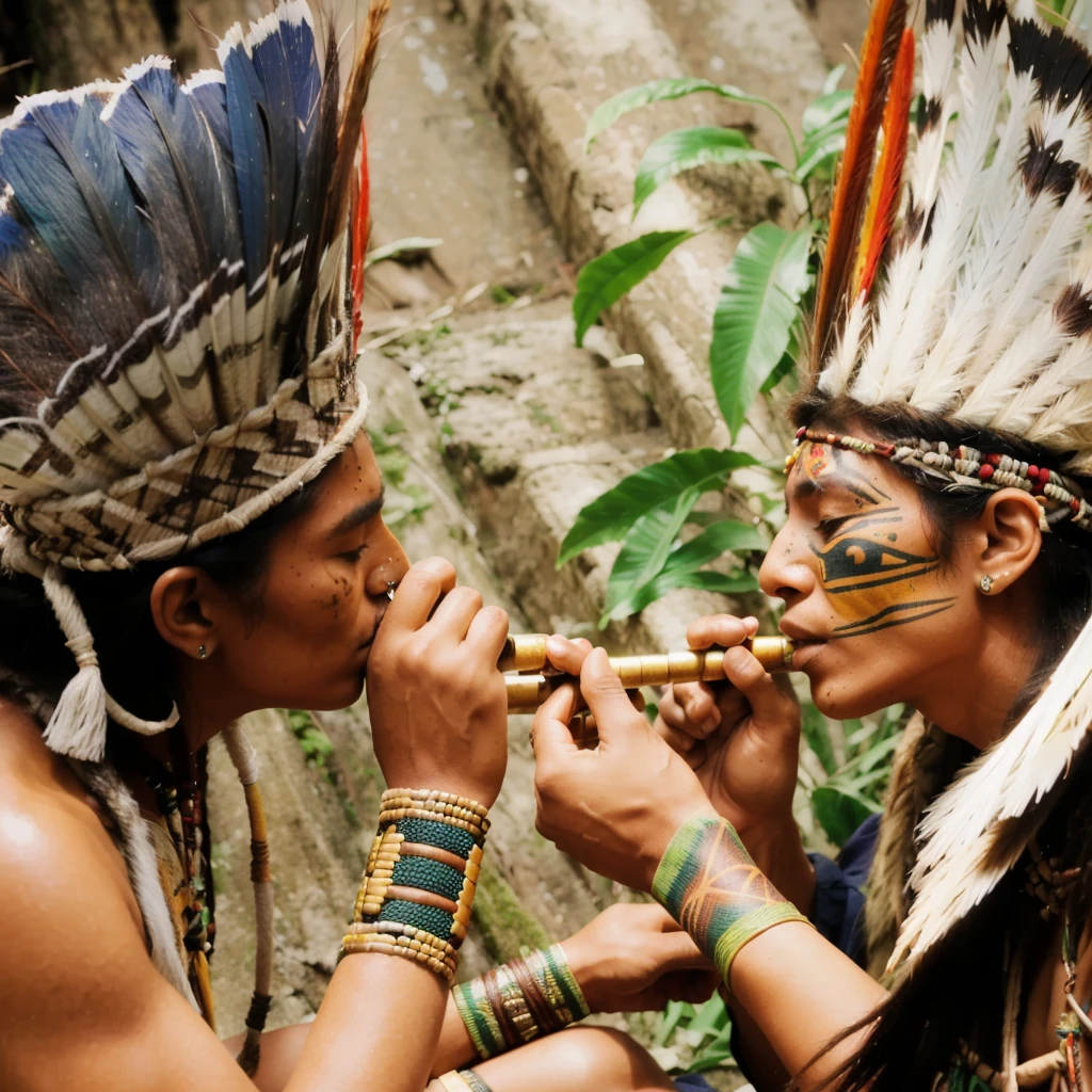 there are two people playing the flute together, Amazonian indigenous peoples in Brazil, Ayahuasca ceremony, Ayahuasca shaman, Indigenous, maquiagem tribal, roupas tribais, xamanismo, ritual cerimonial, pintura facial tribal, tribo antiga, : americano nativo shamen fantasy, Ayahuasca, americano nativo, ceremony, piercings e tatuagens tribais